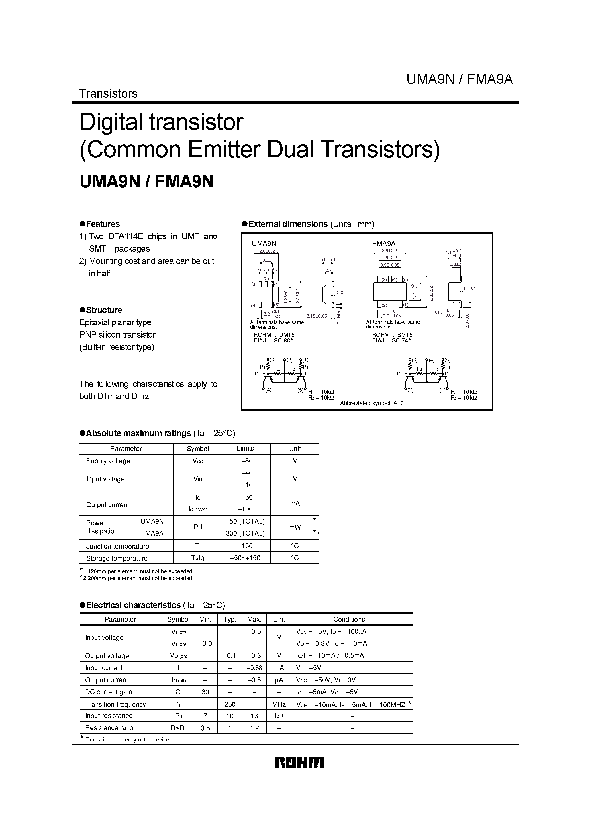 Даташит UMA9N - Digital transistor (Common Emitter Dual Transistors) страница 1