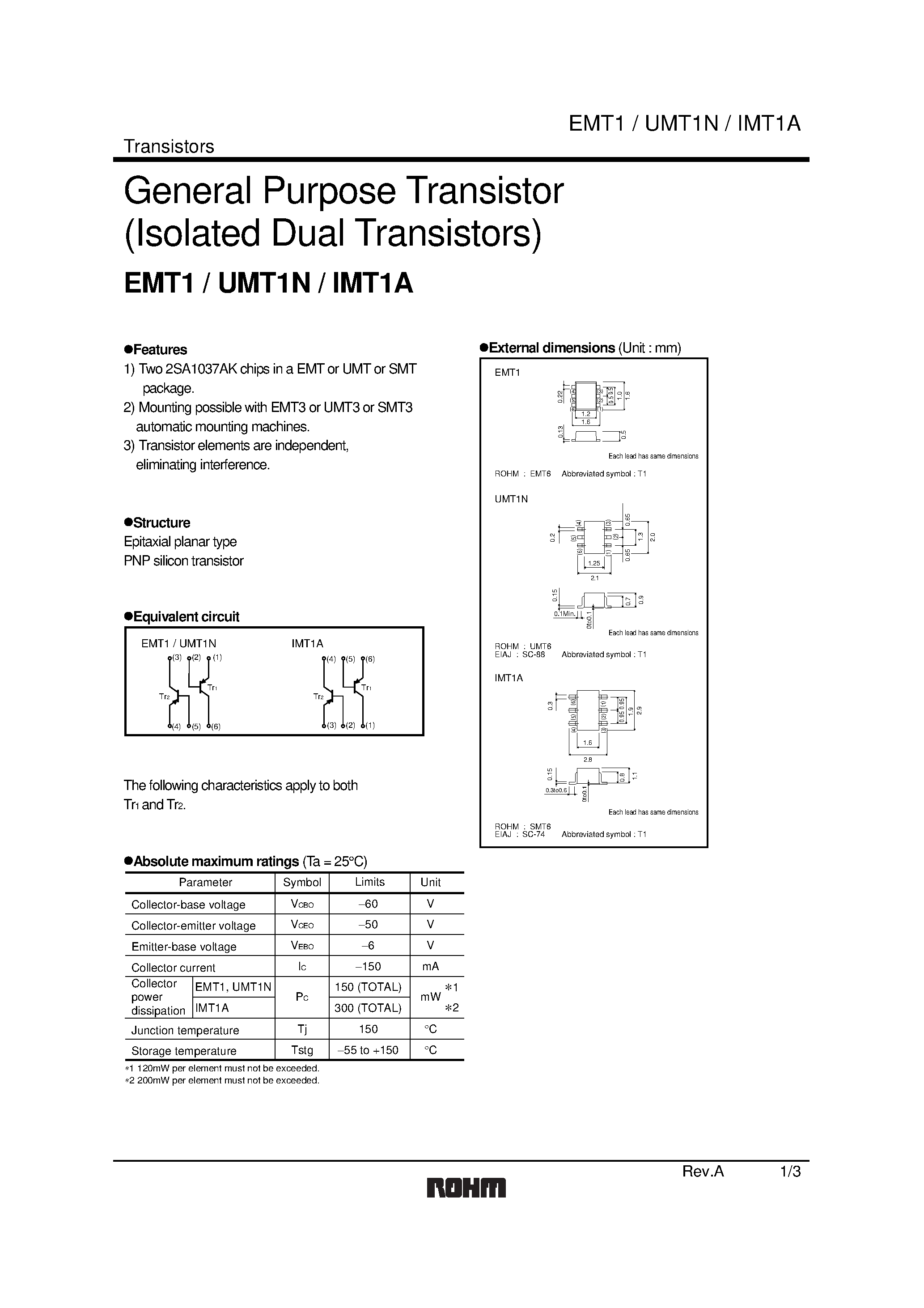 Даташит UMT1N - General Purpose Transistor (Isolated Dual Transistors) страница 1