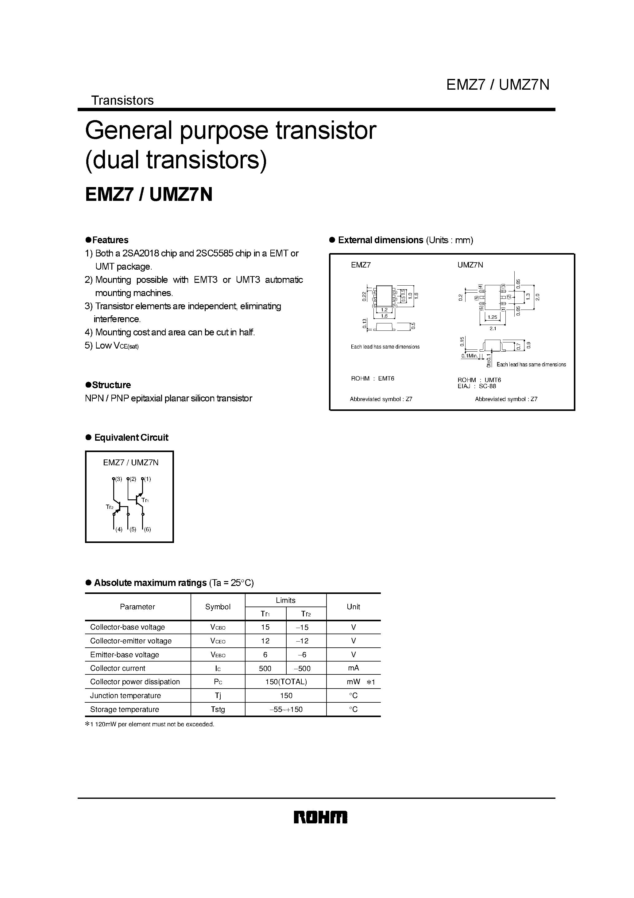 Даташит UMZ7N - General purpose transistor(dual transistors) страница 1