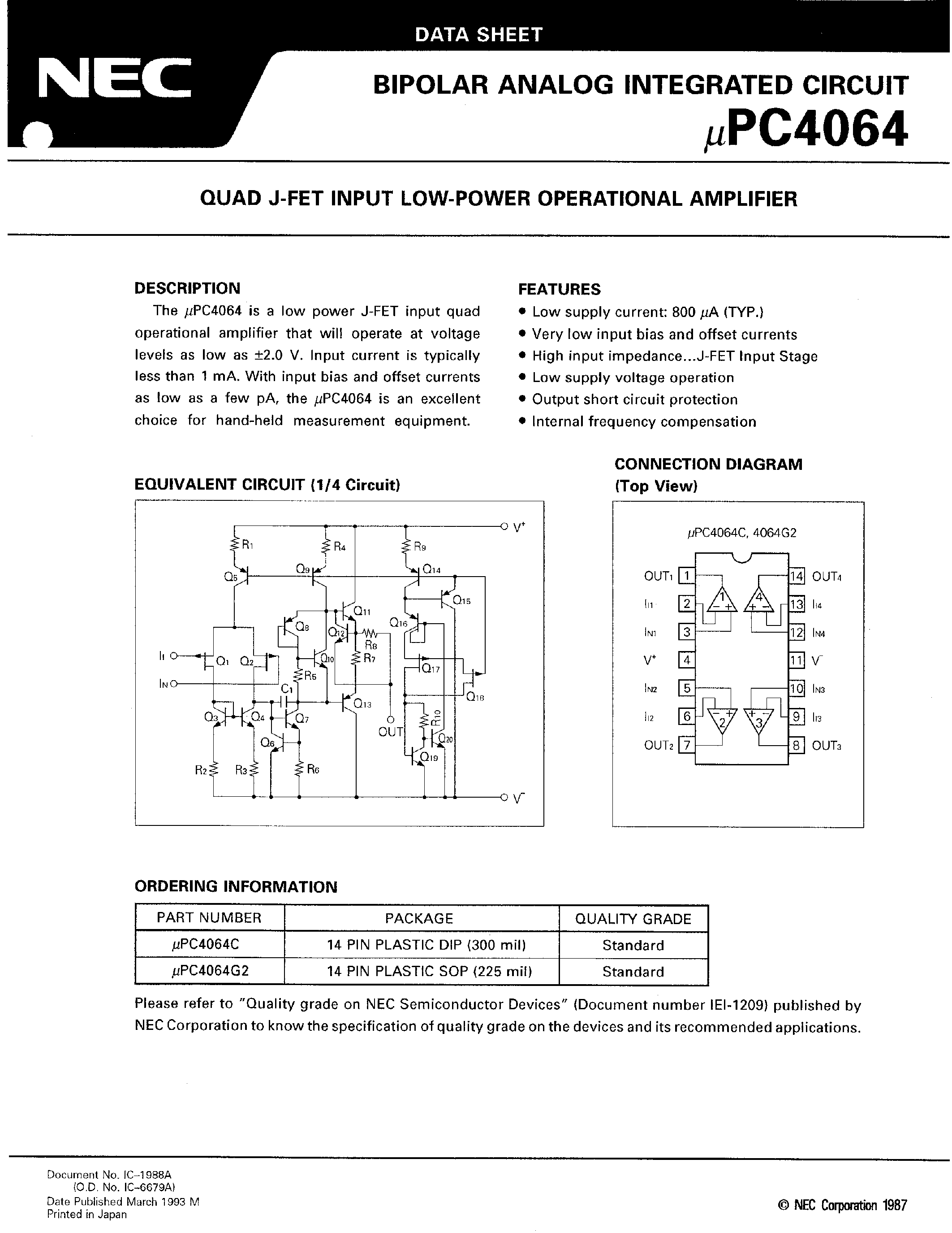 Даташит UPC4064C - DUAL J-FET INPUT LOW-POWER OPERATIONAL AMPLIFIER страница 1
