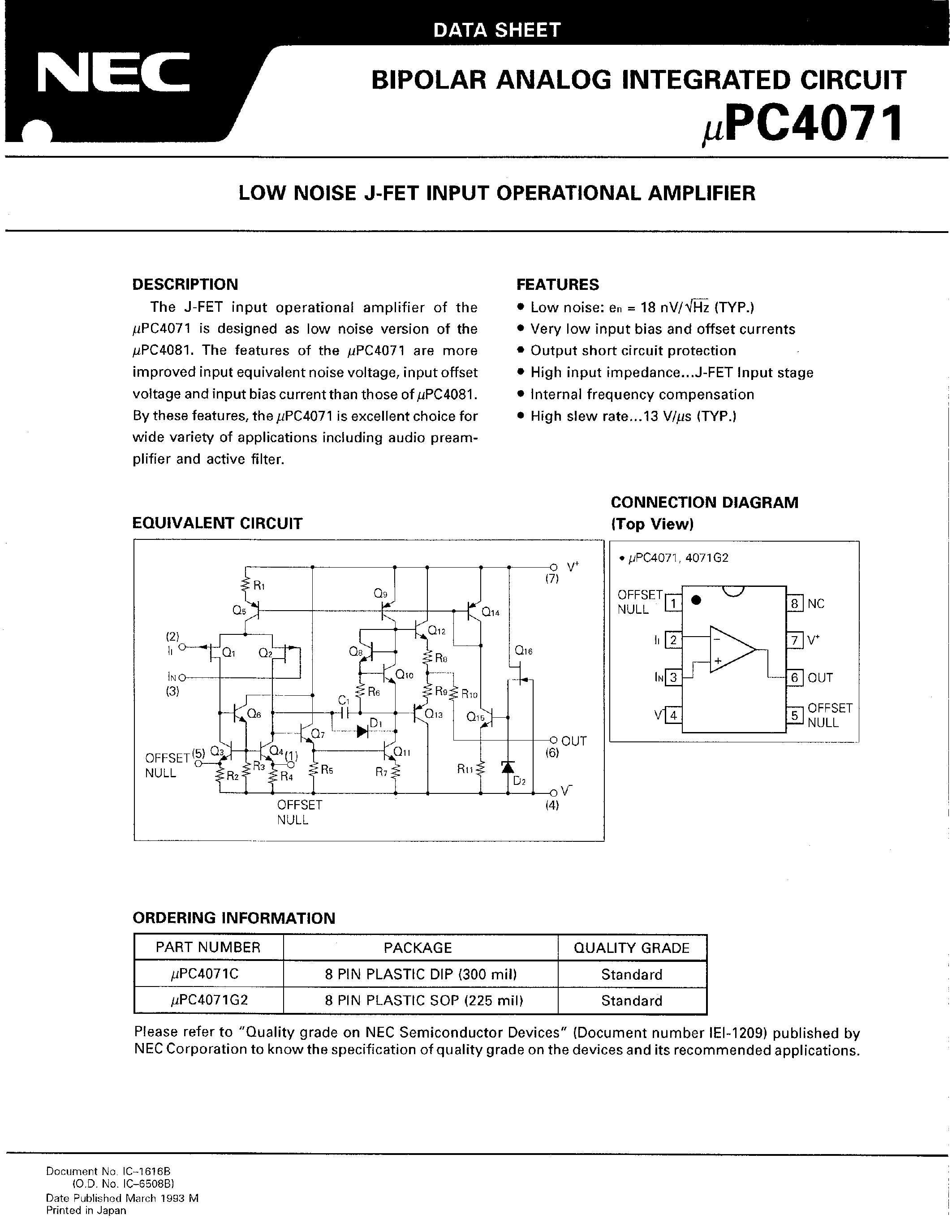 Даташит UPC4071 - LOW NOISE J-FET INPUT OPERATIONAL AMPLIFIER страница 1
