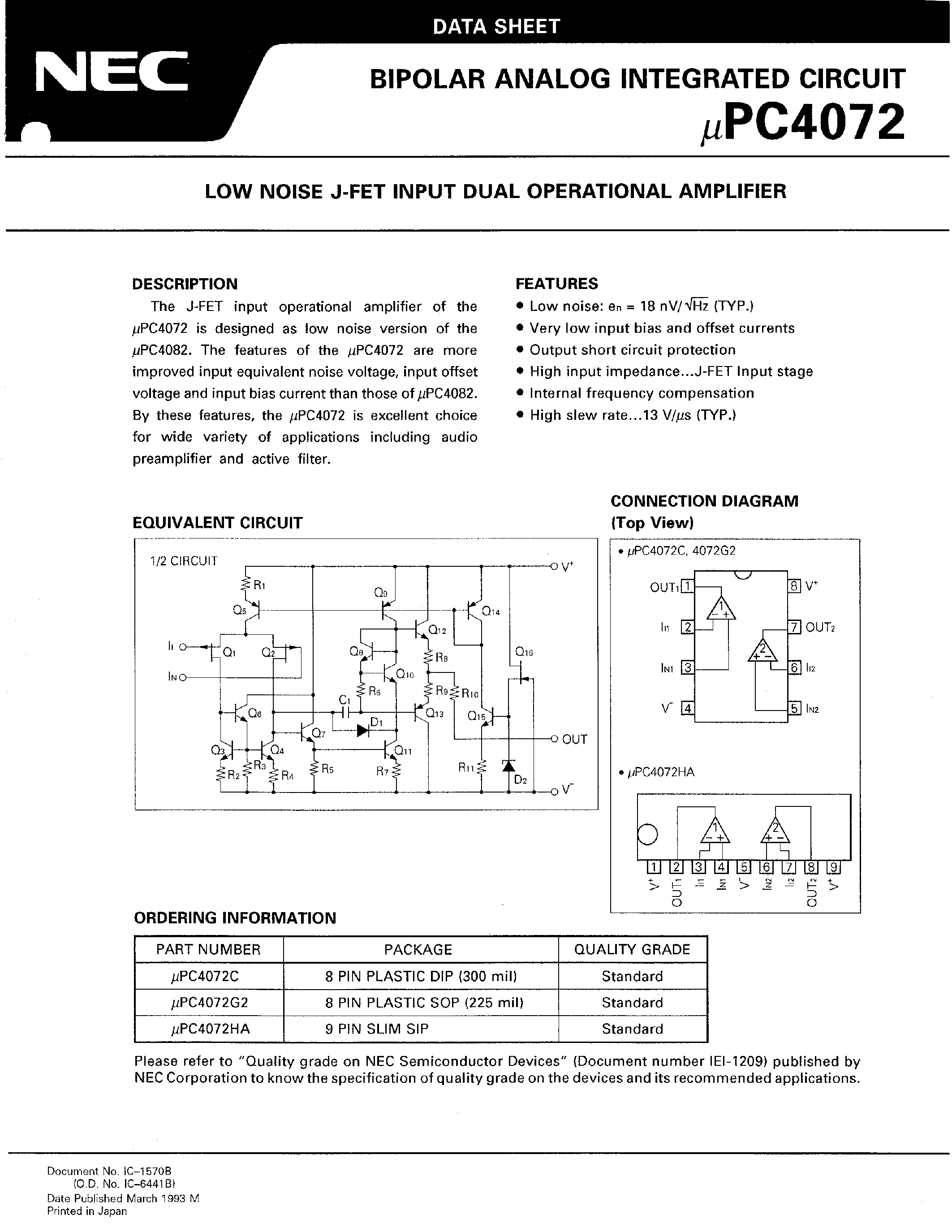 Даташит UPC4072HA - LOW NOISE J-FET INPUT DUAL OPERATIONAL AMPLIFIER страница 1