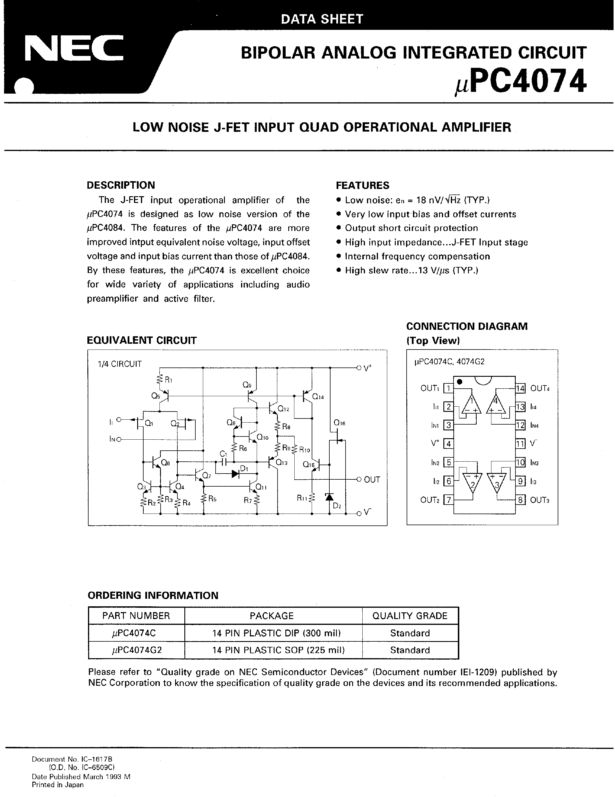 Даташит UPC4074C - LOW NOISE J-FET INPUT QUAD OPERATIONAL AMPLIFIER страница 1