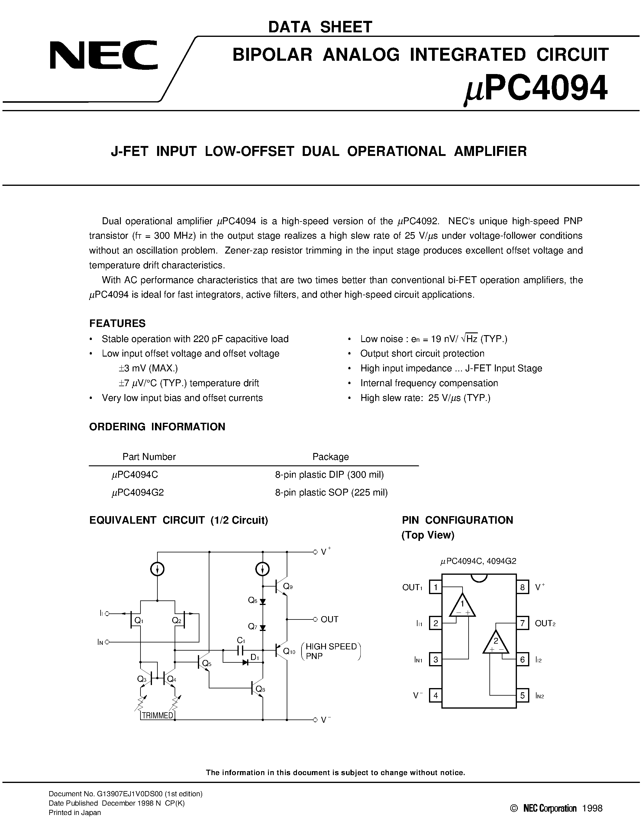 Даташит UPC4094 - J-FET INPUT LOW-OFFSET DUAL OPERATIONAL AMPLIFIER страница 1