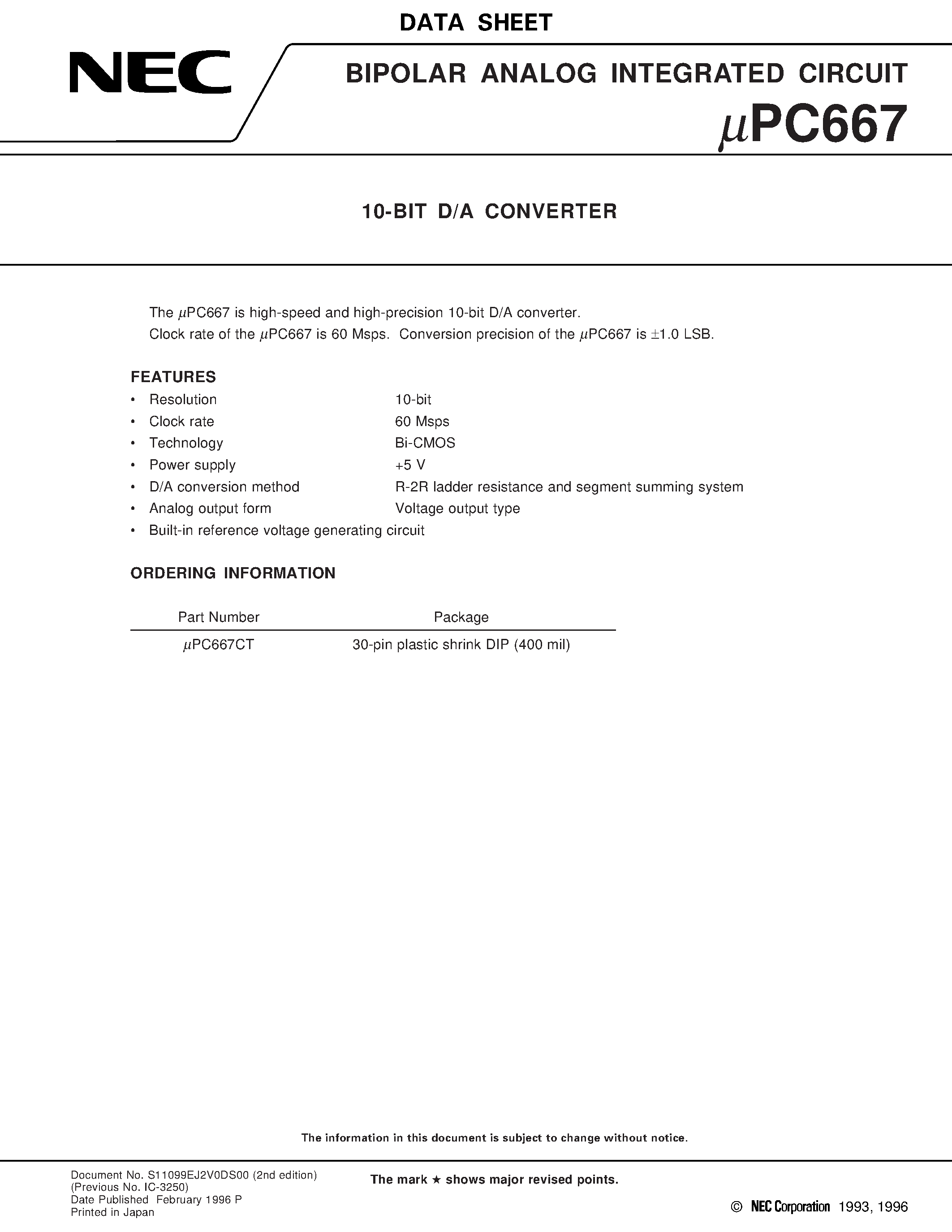 Datasheet UPC667 - 10-BIT D/A CONVERTER page 1