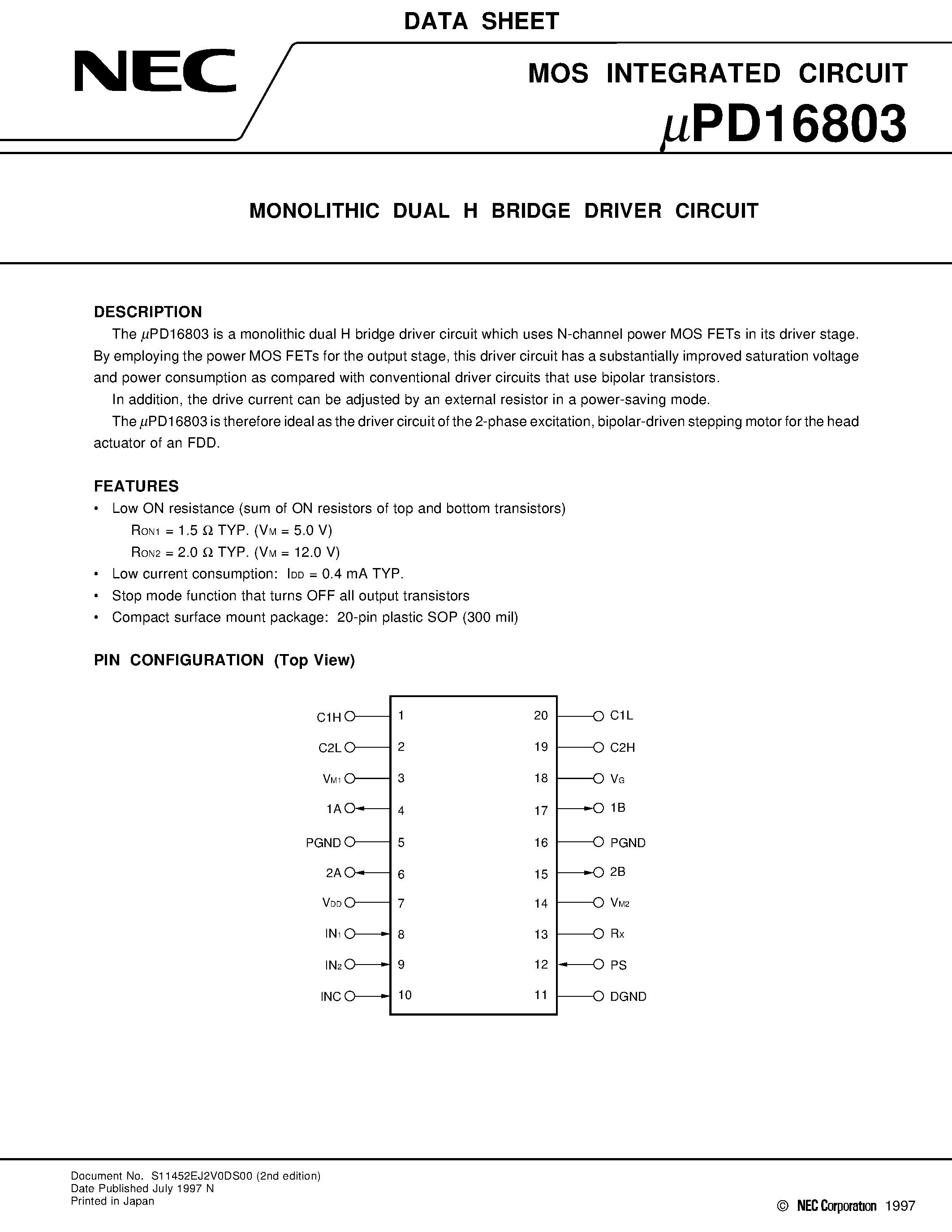 Datasheet UPD16803 - MONOLITHIC DUAL H BRIDGE DRIVER CIRCUIT page 1