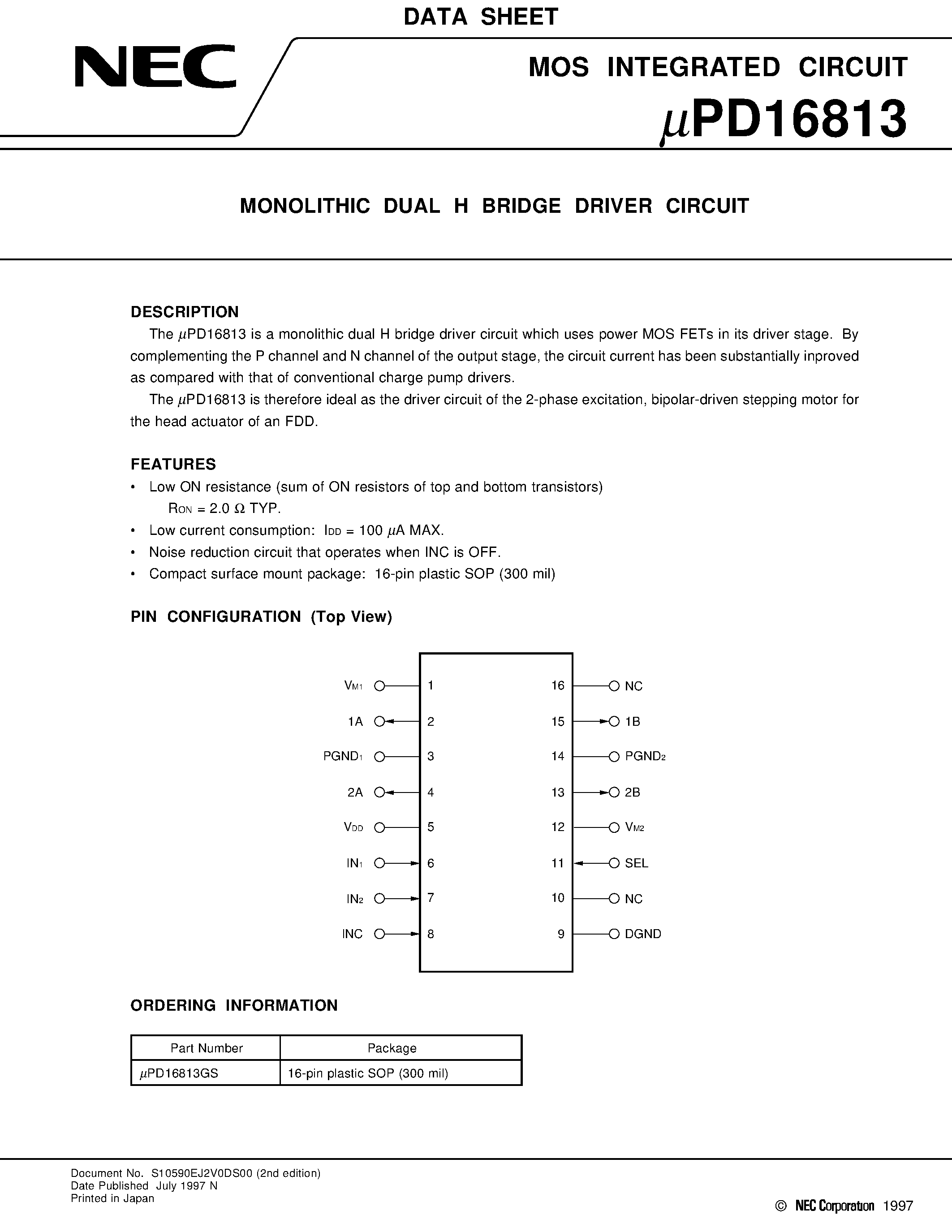 Datasheet UPD16813 - MONOLITHIC DUAL H BRIDGE DRIVER CIRCUIT page 1