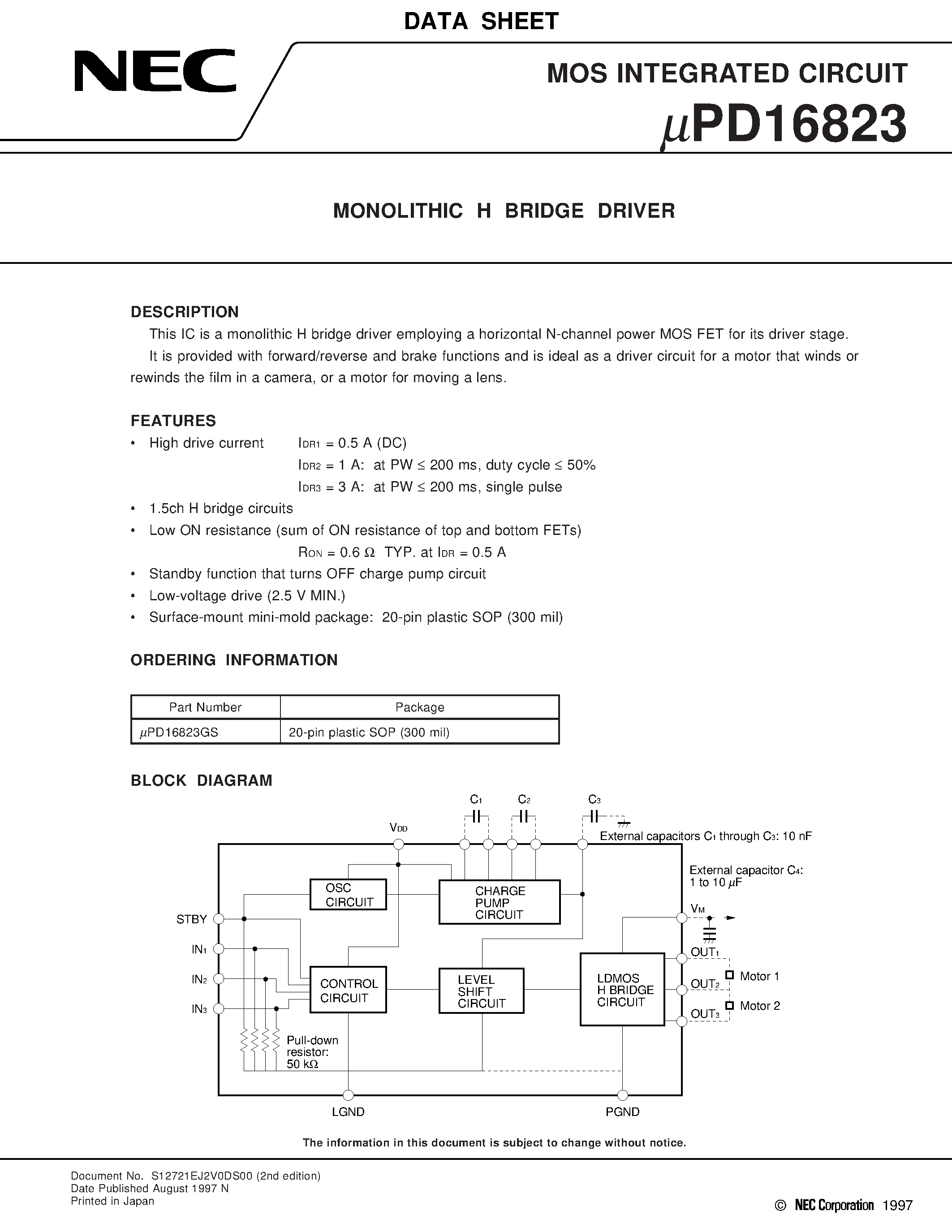 Datasheet UPD16823GS - MONOLITHIC H BRIDGE DRIVER page 1