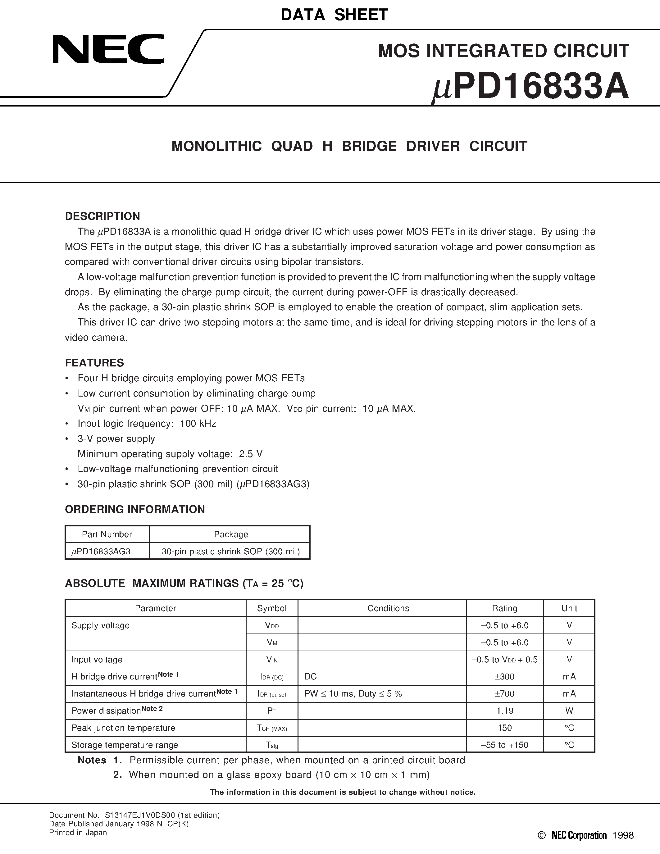 Даташит UPD16833AG3 - MONOLITHIC QUAD H BRIDGE DRIVER CIRCUIT страница 1