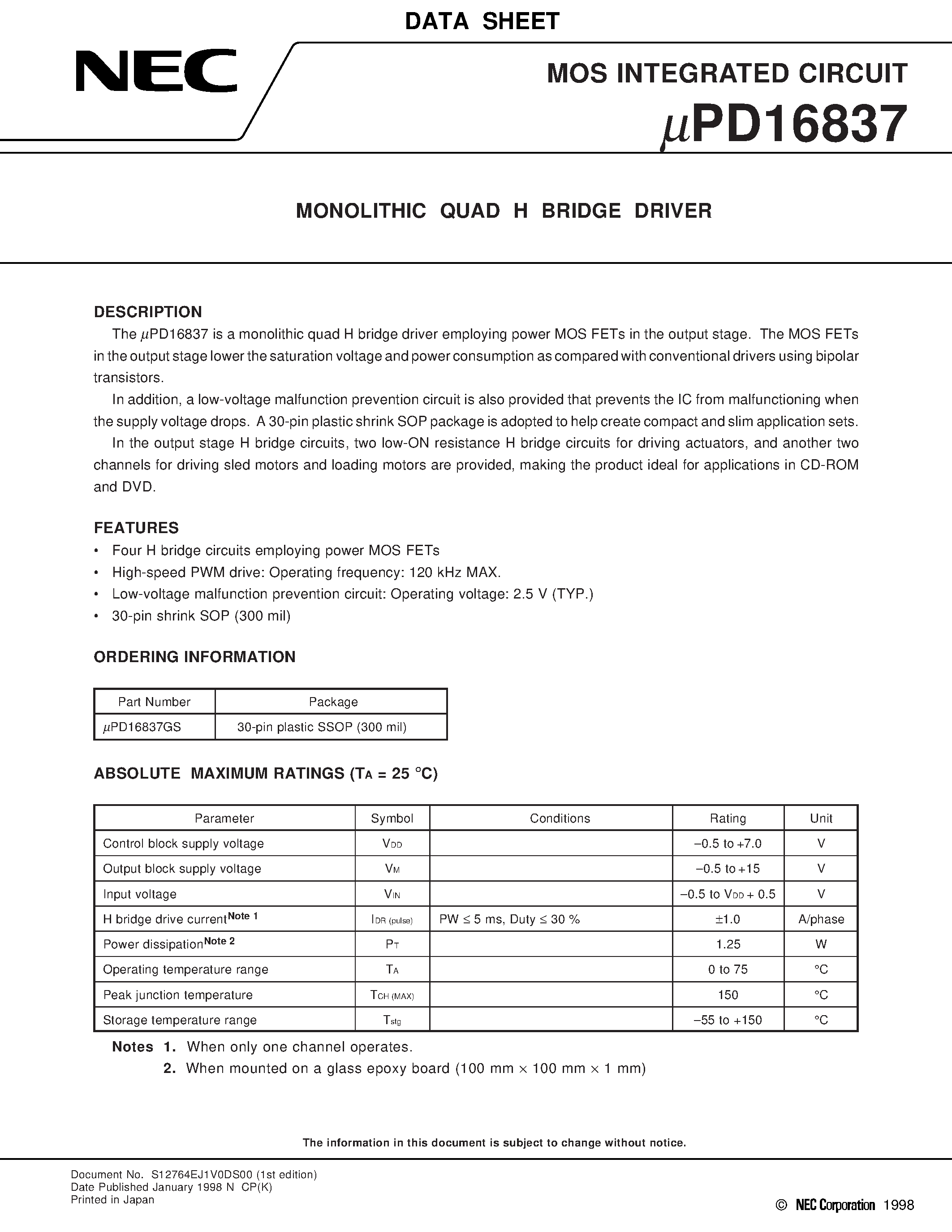 Datasheet UPD16837 - MONOLITHIC QUAD H BRIDGE DRIVER page 1