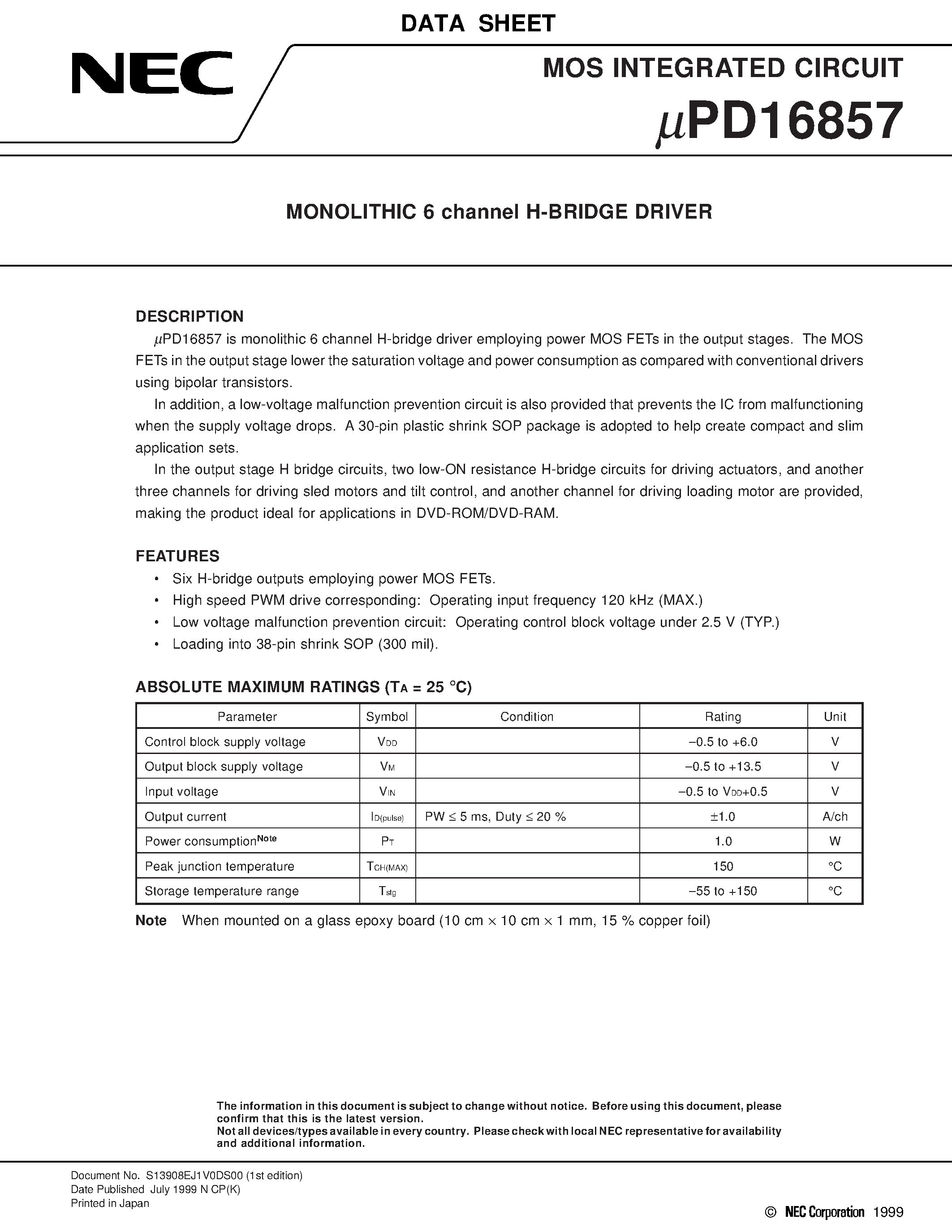 Datasheet UPD16857 - MONOLITHIC 6 channel H-BRIDGE DRIVER page 1
