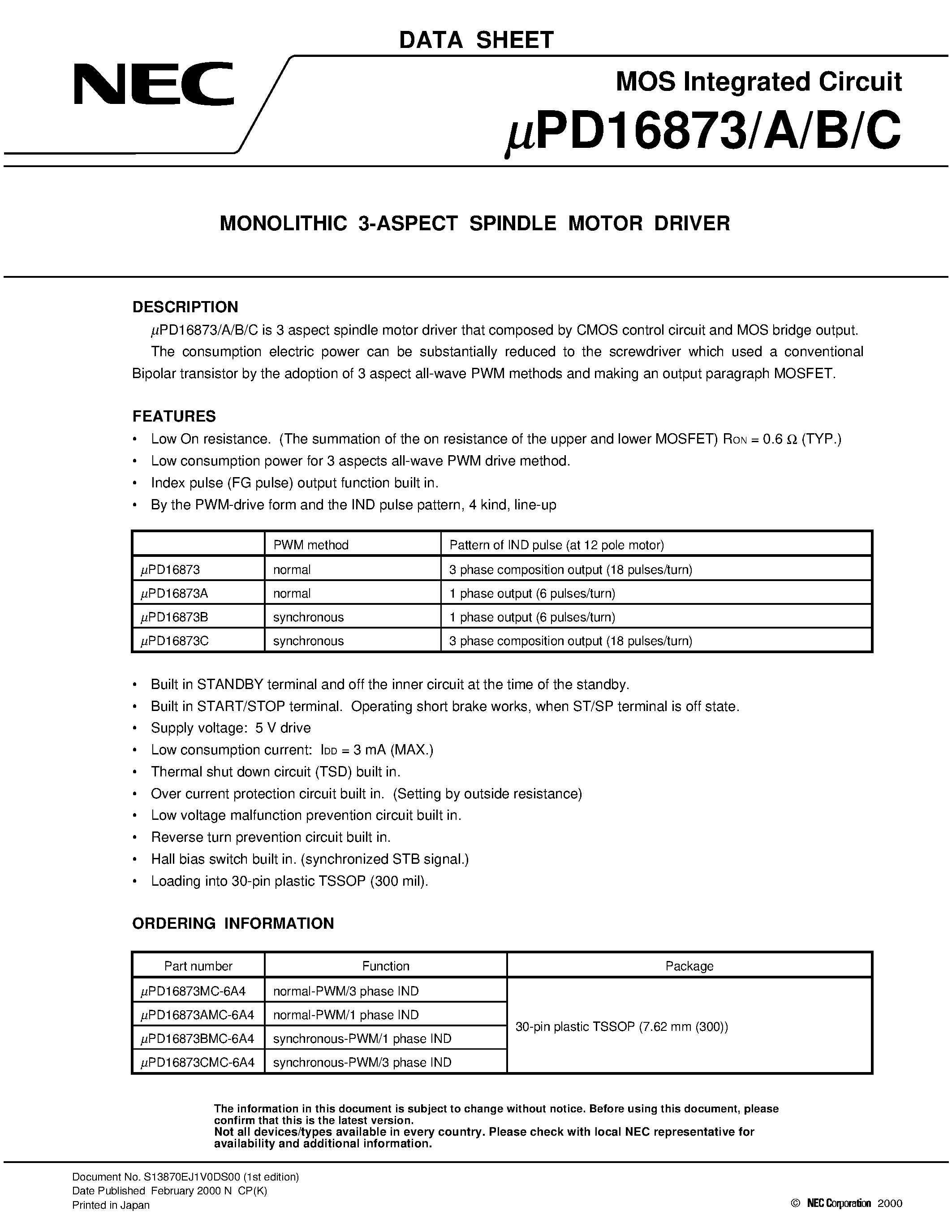 Datasheet UPD16873 - MONOLITHIC 3-ASPECT SPINDLE MOTOR DRIVER page 1