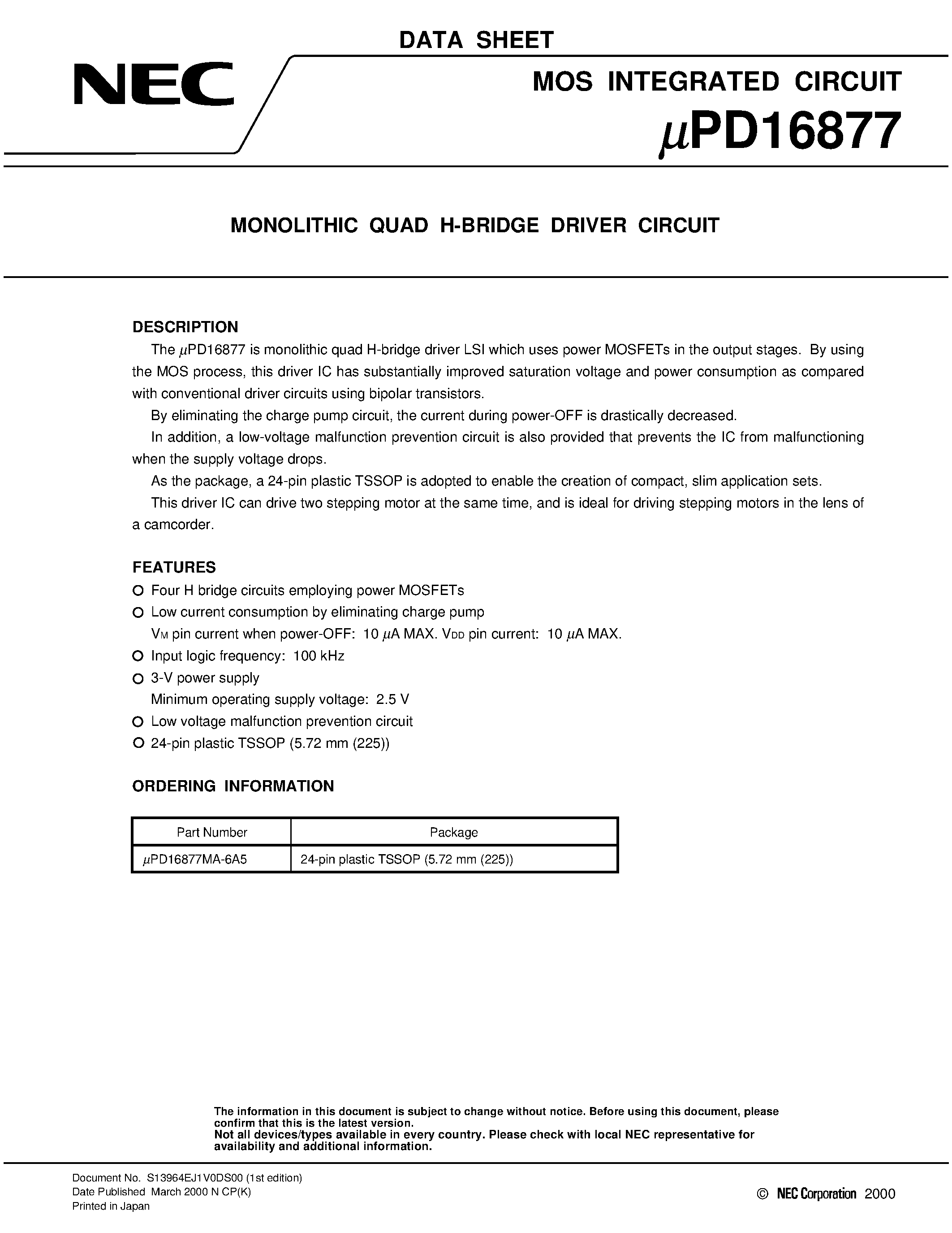 Datasheet UPD16877MA-6A5 - MONOLITHIC QUAD H-BRIDGE DRIVER CIRCUIT page 1