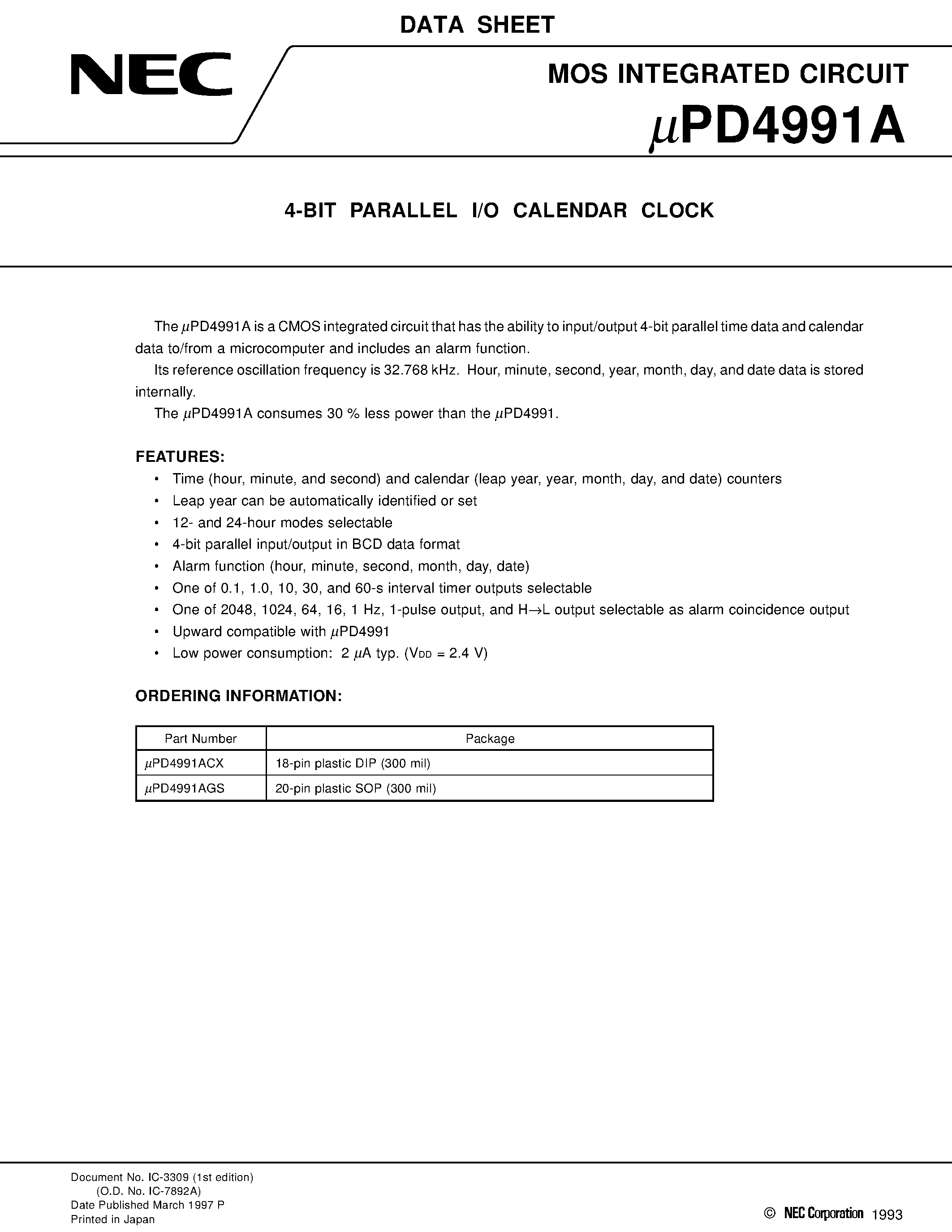 Datasheet UPD4991A - 4-BIT PARALLEL I/O CALENDAR CLOCK page 1
