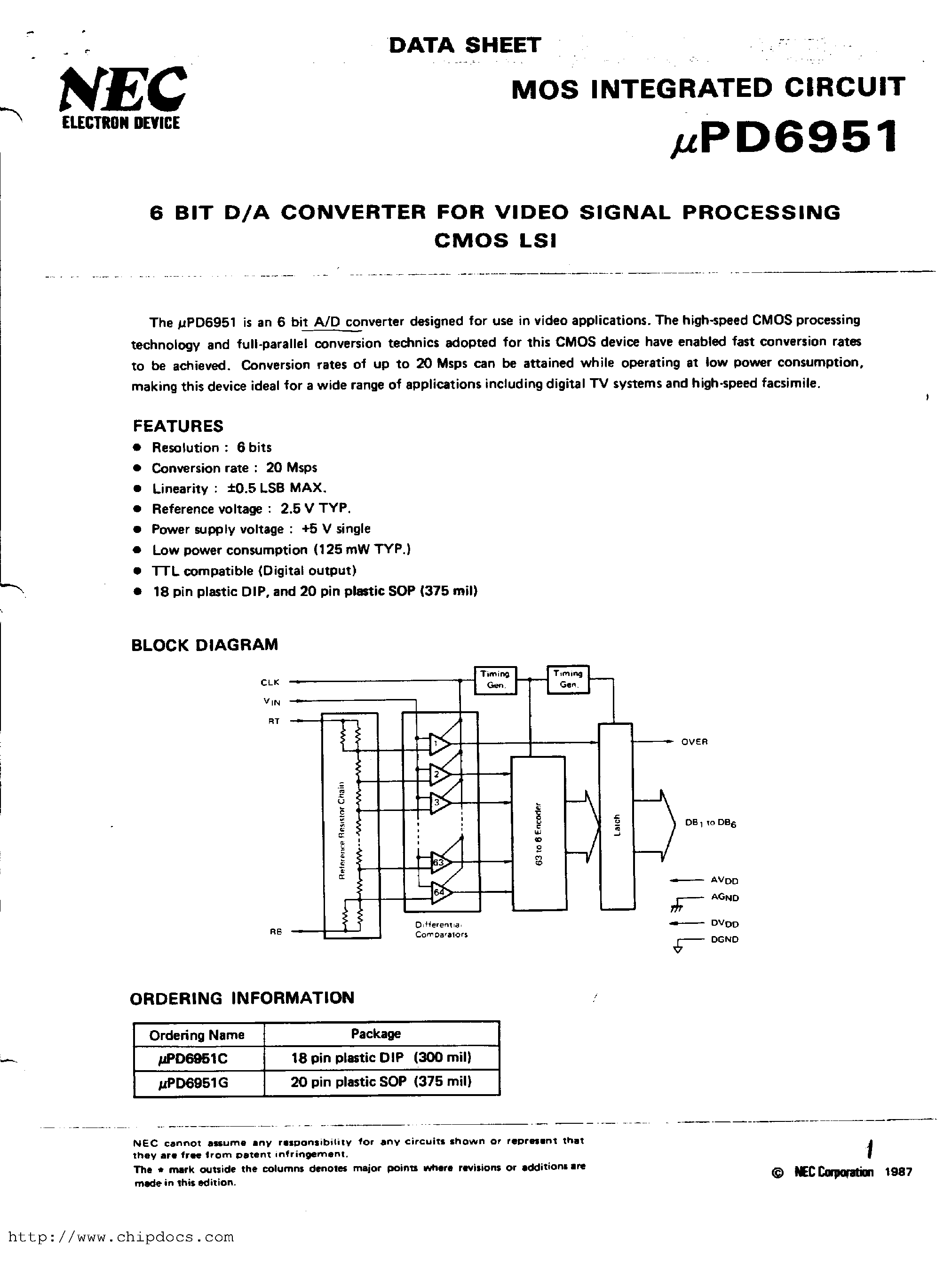 Datasheet UPD6951 - 6 BIT D/A CONVERTER FOR VIDEO SIGNAL PROCESSING CMOS LSI page 1