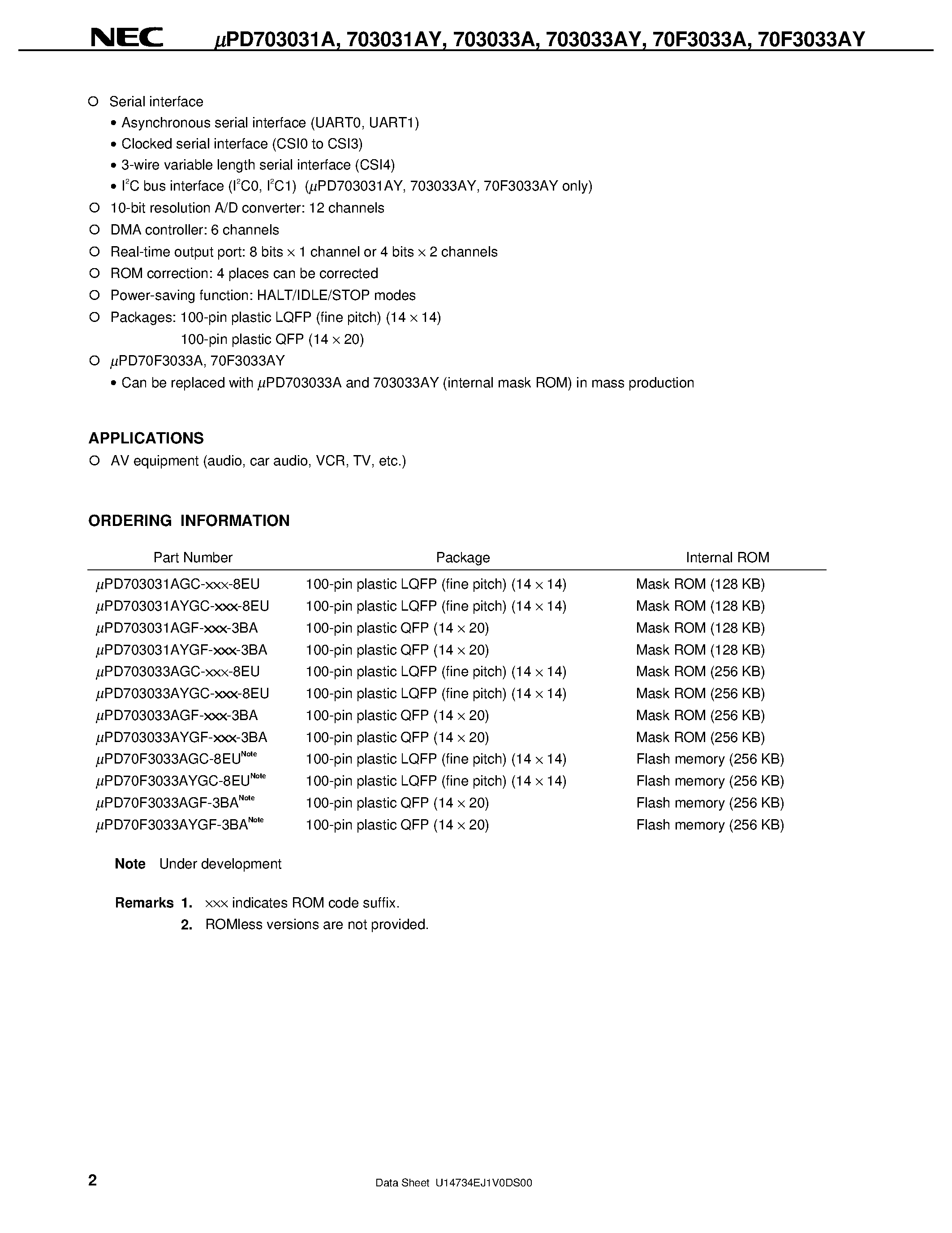 Datasheet UPD703031A - V850/SB1TM 32-/16-BIT SINGLE-CHIP MICROCONTROLLERS page 2