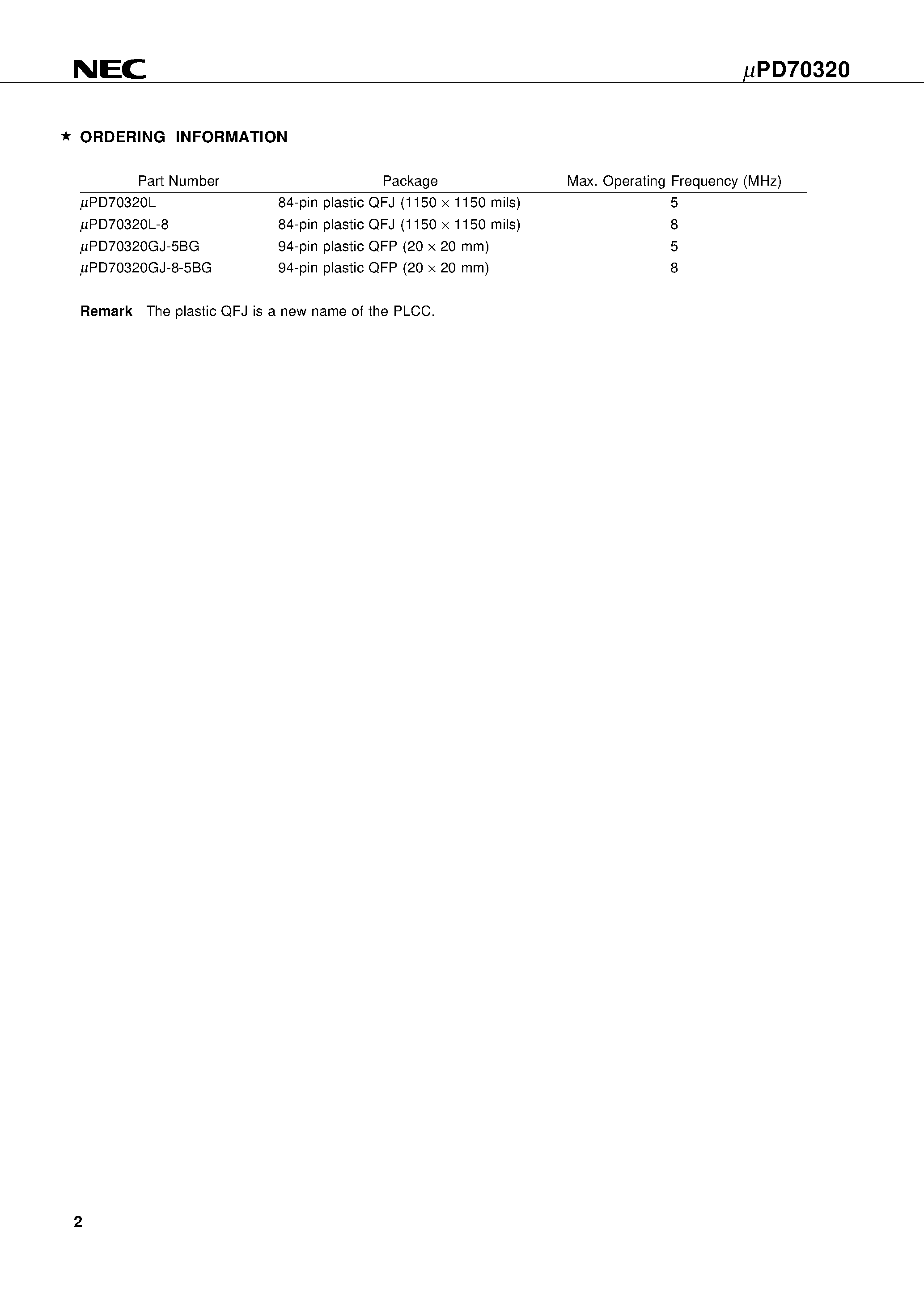 Datasheet UPD70320GJ-8-5BG - V25TM 16/8-BIT SINGLE-CHIP MICROCONTROLLER page 2