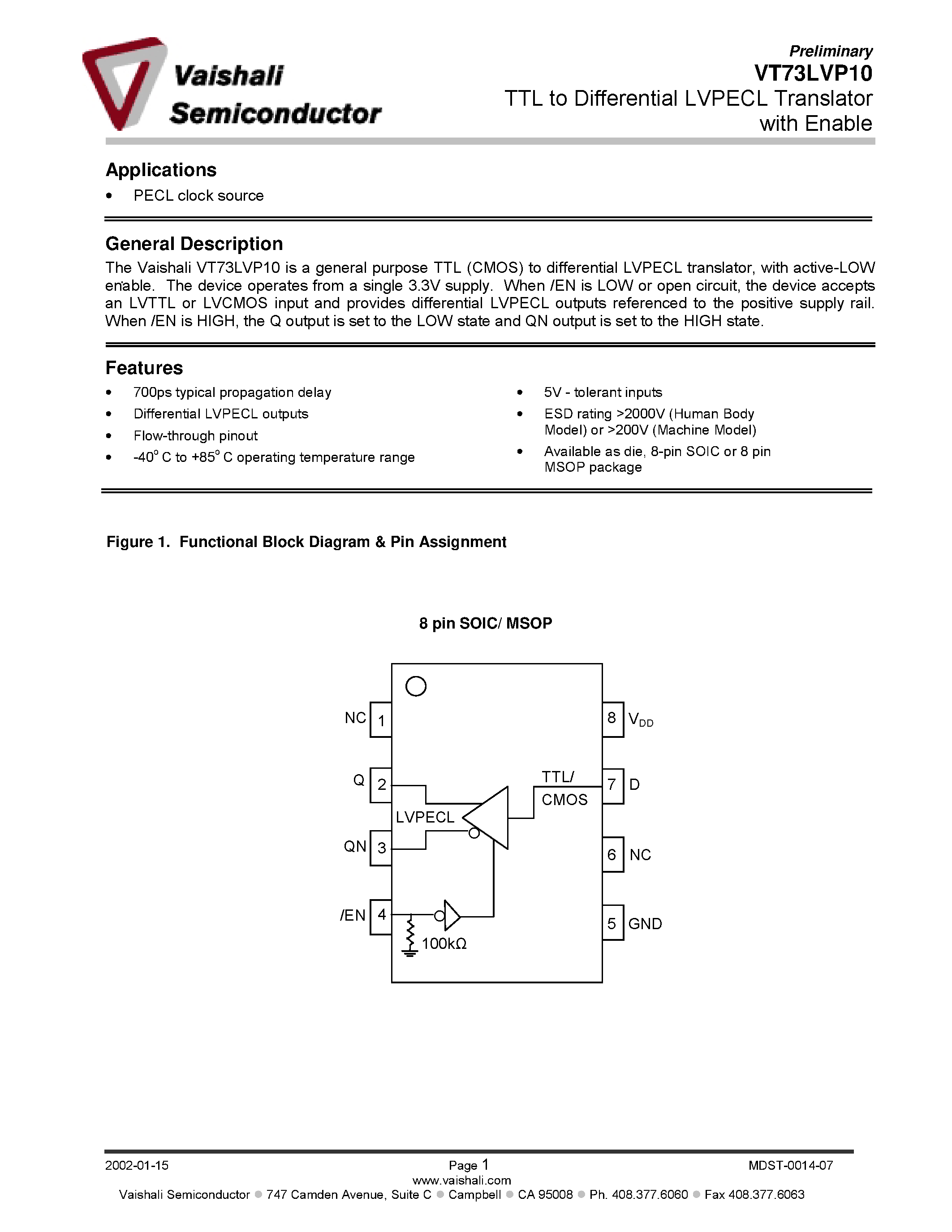 Datasheet VT73LVP10 - TTL to Differential LVPECL Translator page 1