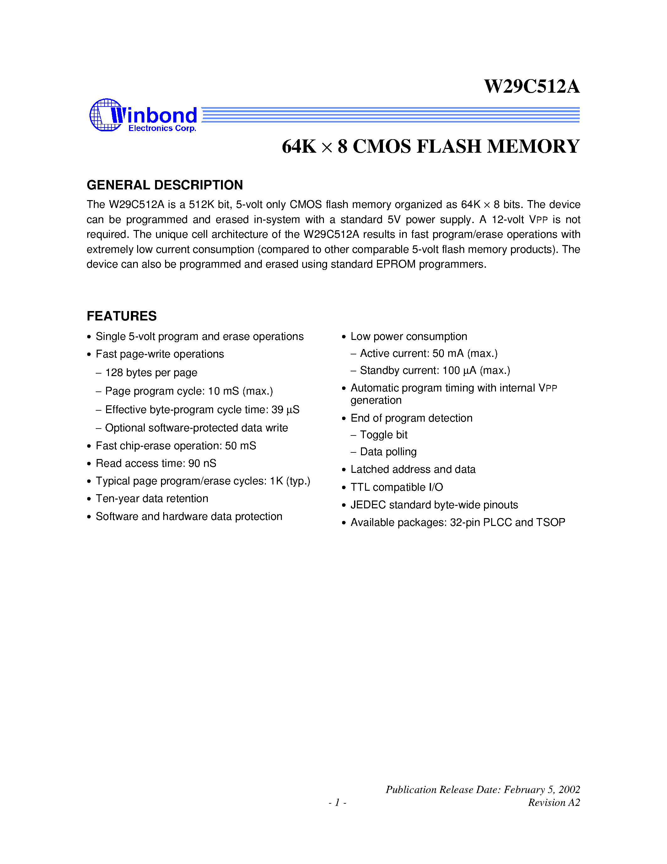 Datasheet W29C512AP-90 - 64 K x 8 CMOS FLASH MEMORY page 1