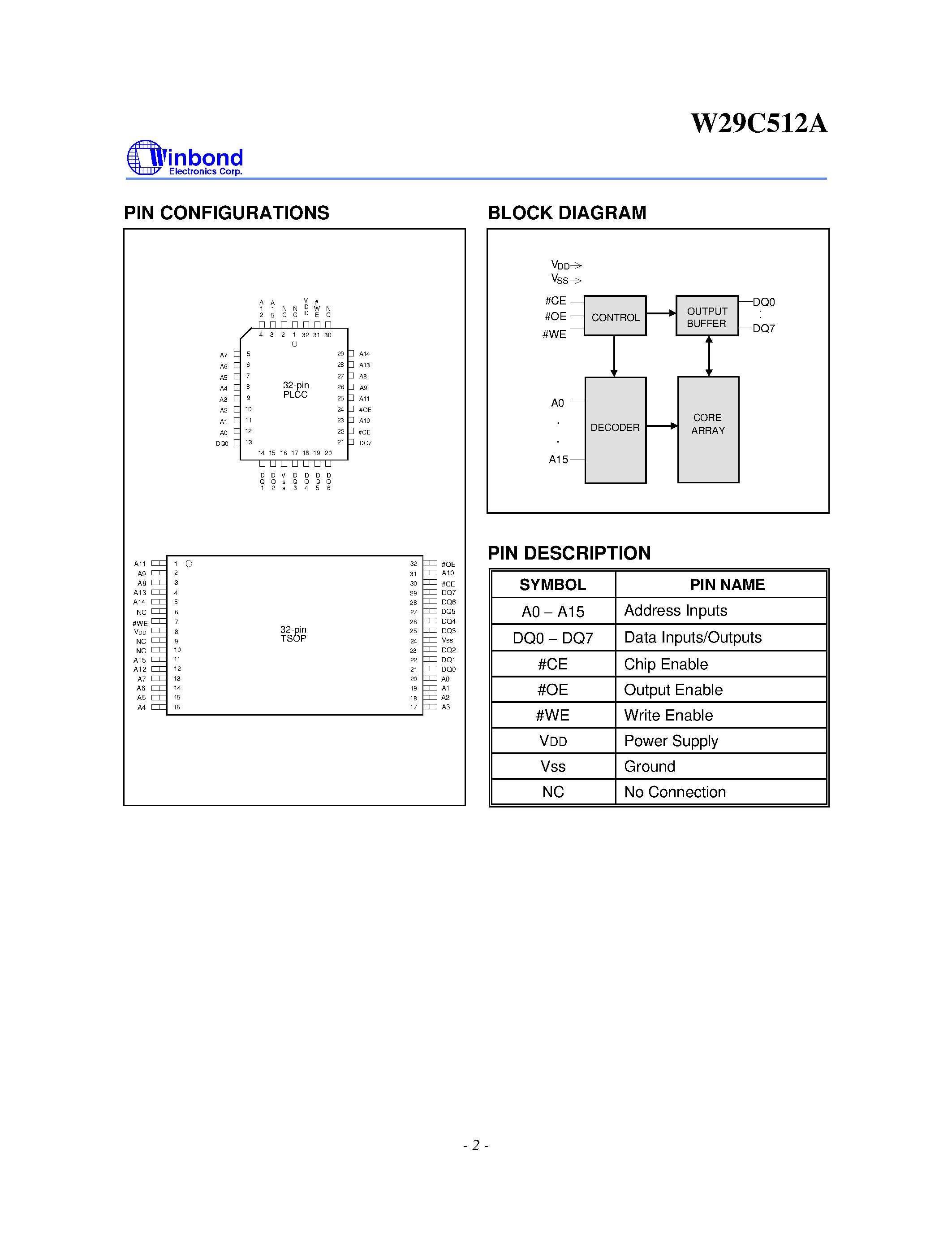 Datasheet W29C512AT-90 - 64 K x 8 CMOS FLASH MEMORY page 2