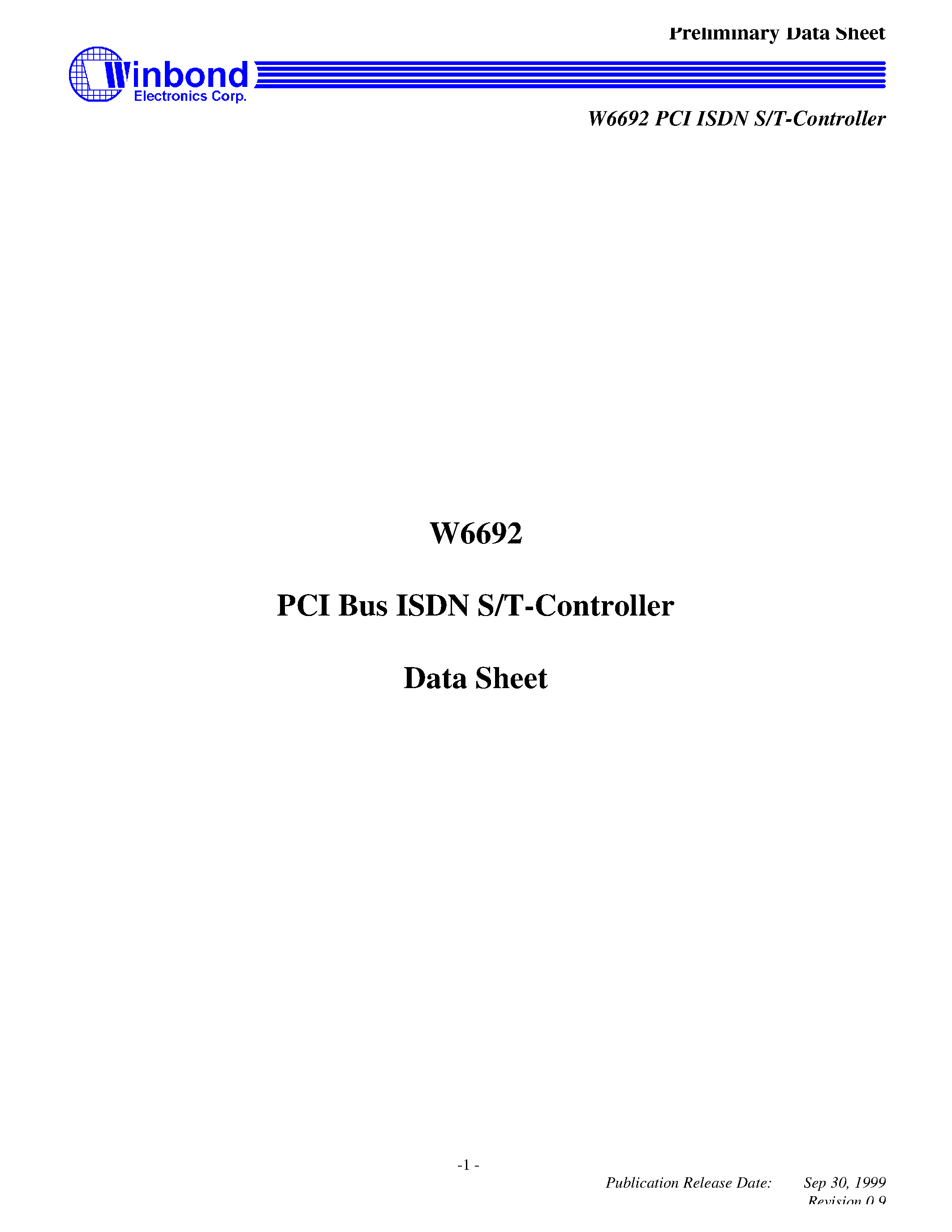 Datasheet W6692 - PCI Bus ISDN S/T-Controller page 1