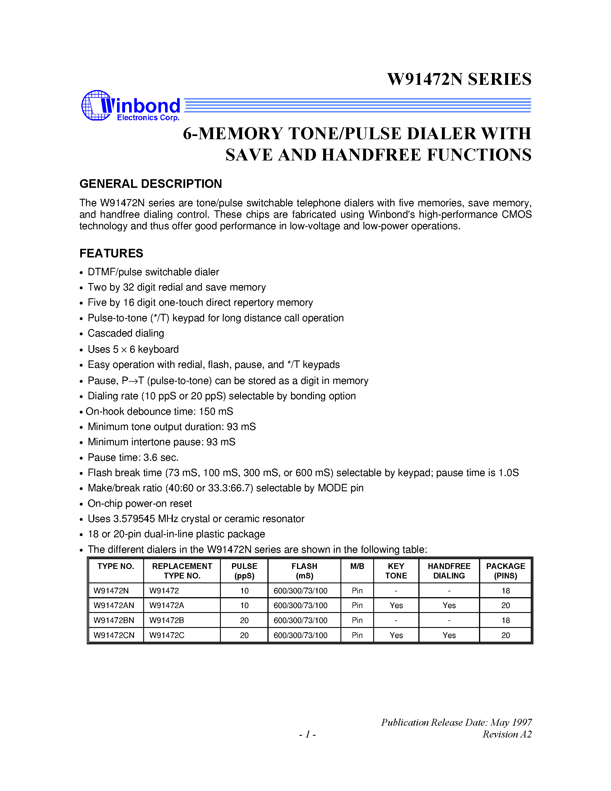 Datasheet W91472AN - 6-MEMORY TONE/PULSE DIALER WITH SAVE AND HANDFREE FUNCTION page 1