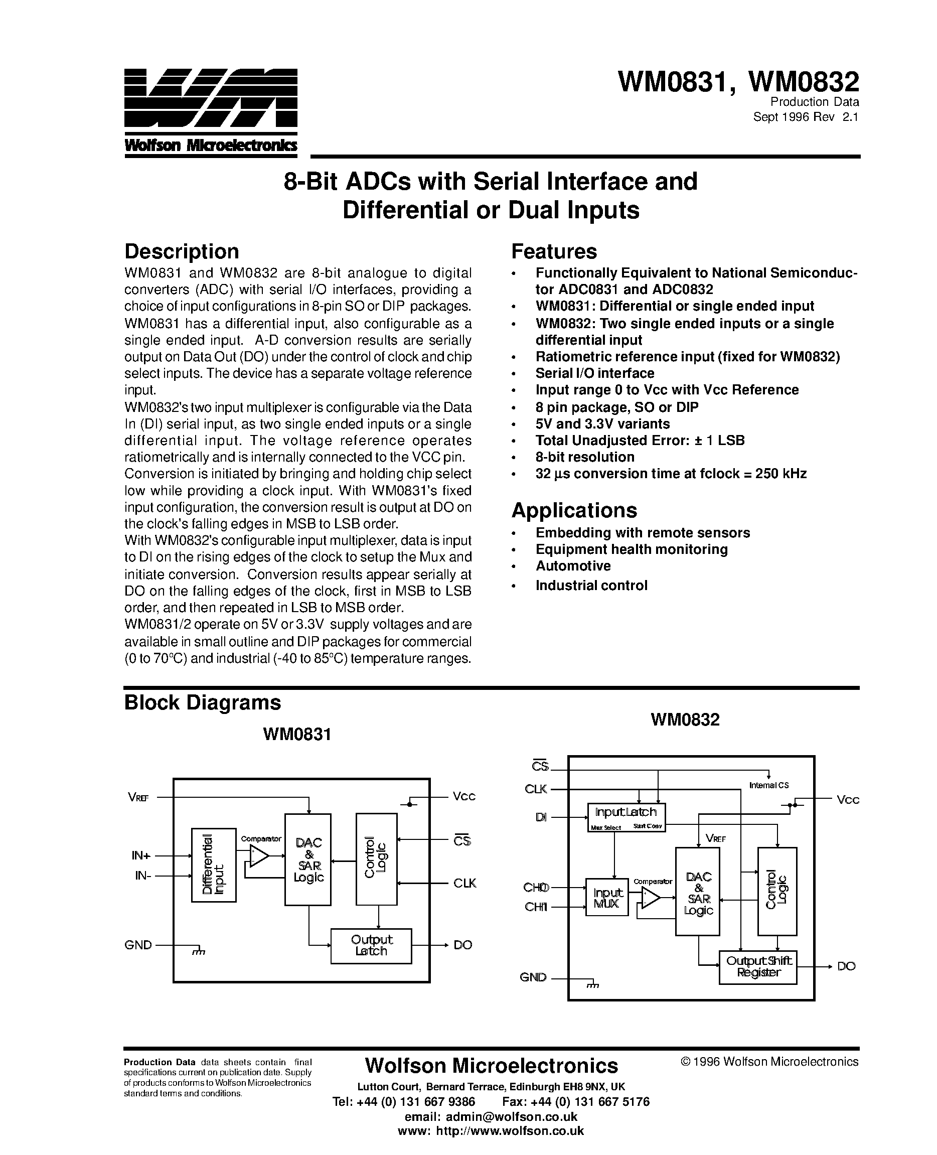 Datasheet WM0831 - 8-Bit ADCs with Serial Interface and Differential or Dual Inputs page 1