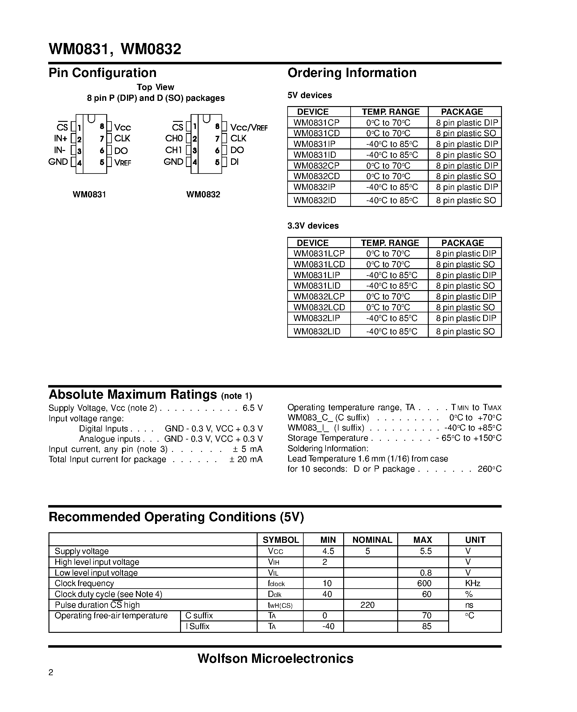 Datasheet WM0832 - 8-Bit ADCs with Serial Interface and Differential or Dual Inputs page 2