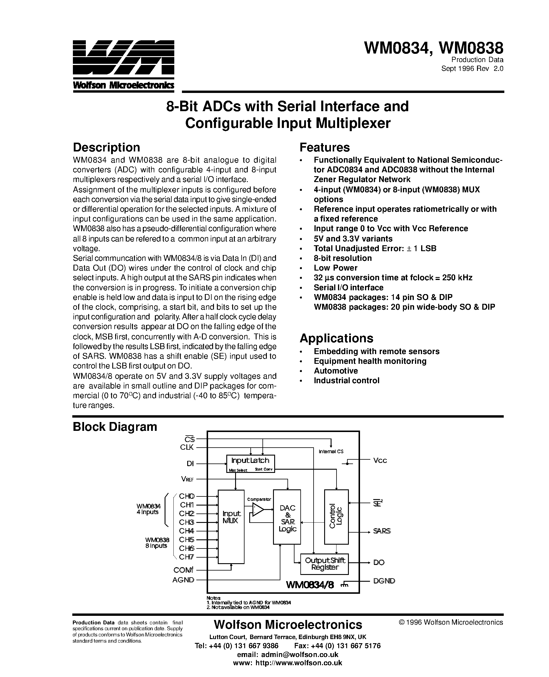 Datasheet WM0834 - 8-Bit ADCs with Serial Interface and Configurable Input Multiplexer page 1
