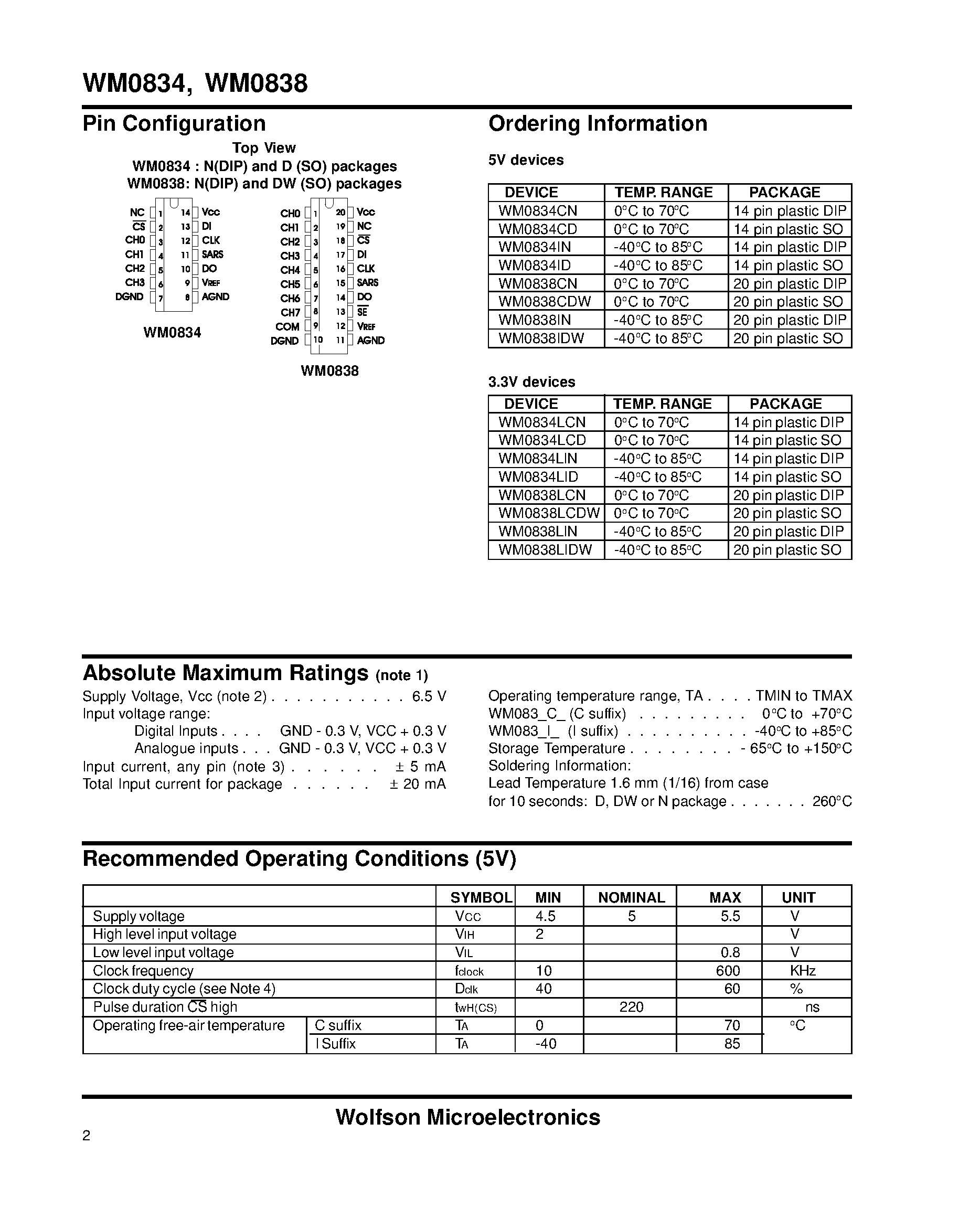 Datasheet WM0834 - 8-Bit ADCs with Serial Interface and Configurable Input Multiplexer page 2