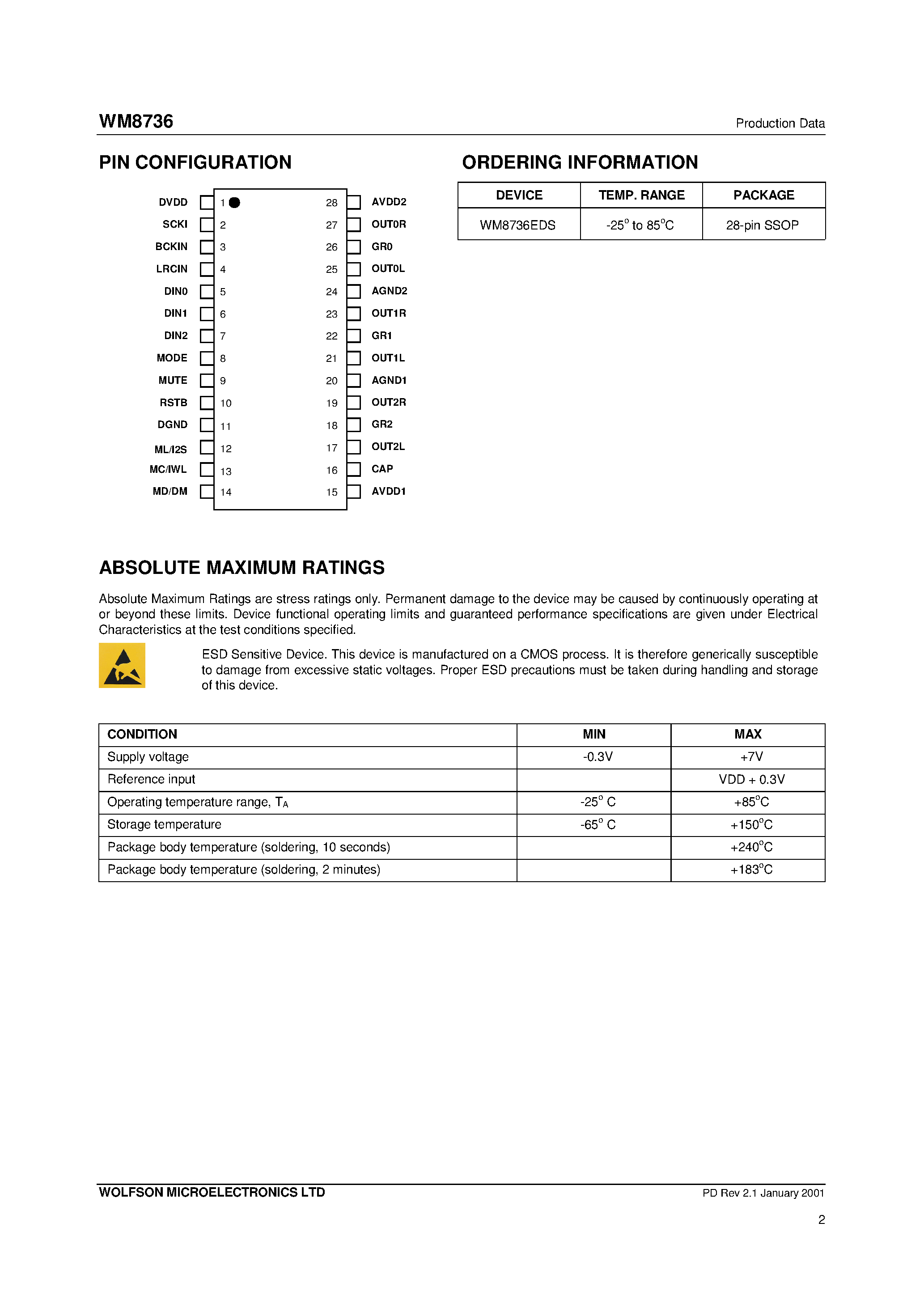 Datasheet WM8736 - 24-bit/ 96kHz 6-Channel DAC with Volume Control page 2