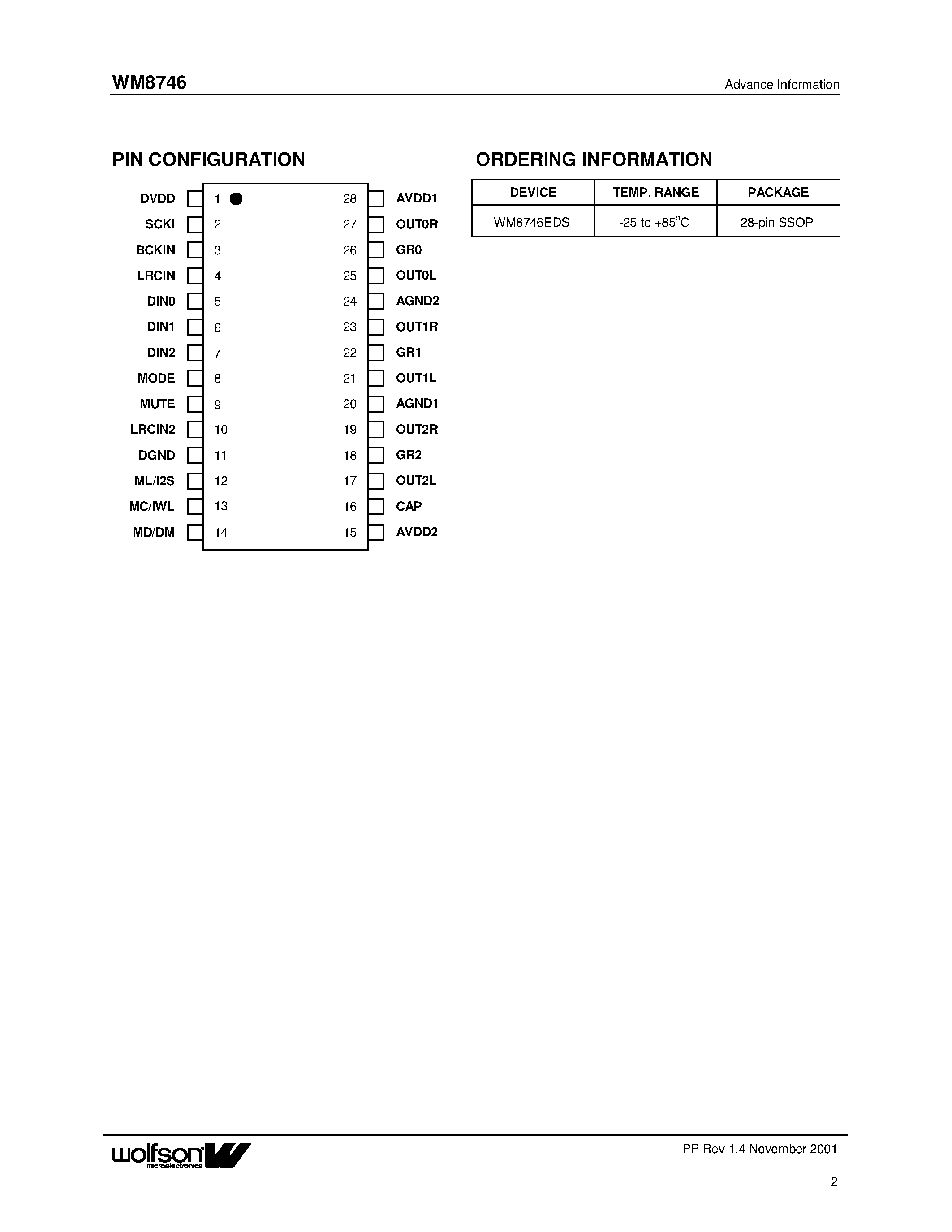 Datasheet WM8746 - 24BIT 192KHZ 6 CHANNEL DAC WITH VOLUME CONTROL page 2