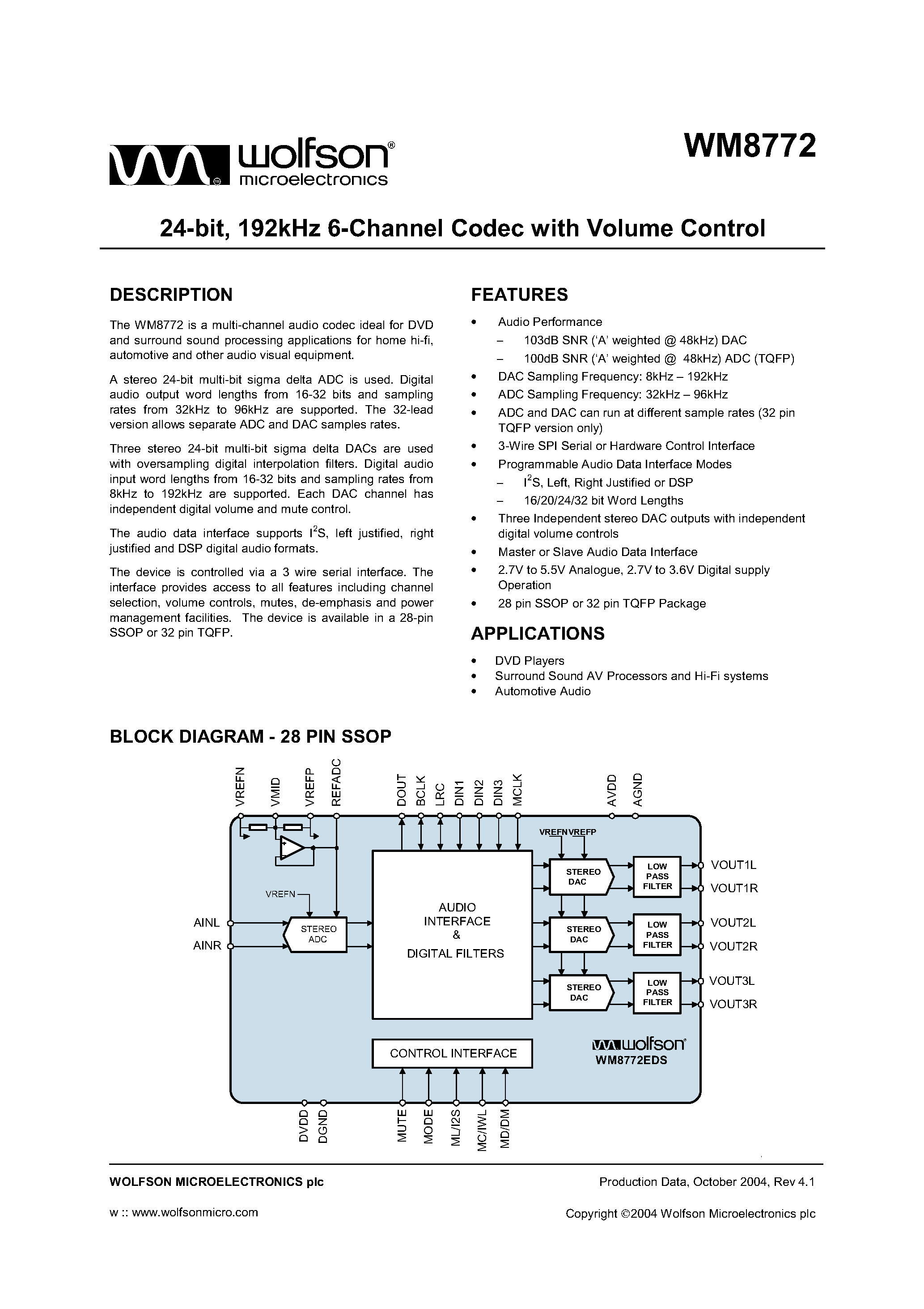 Datasheet WM8772 - 24 BIT 192KHZ 6 CHANNEL CODEC WITH VOLUME CONTROL page 1