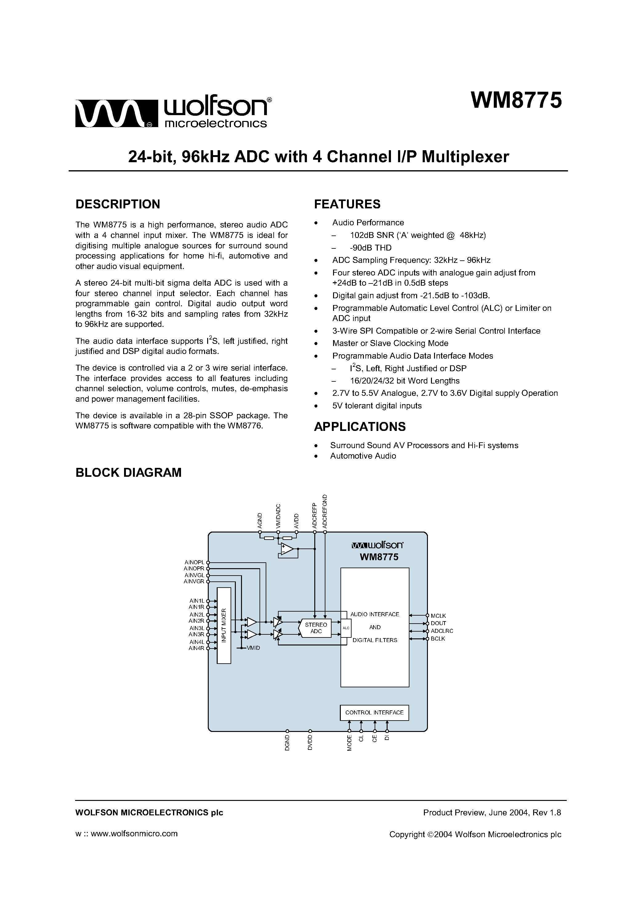 Datasheet WM8775 - 24 BIT 96 KHZ ADC WITH 4 CHANNEL I/P MULTIPLEXER page 1