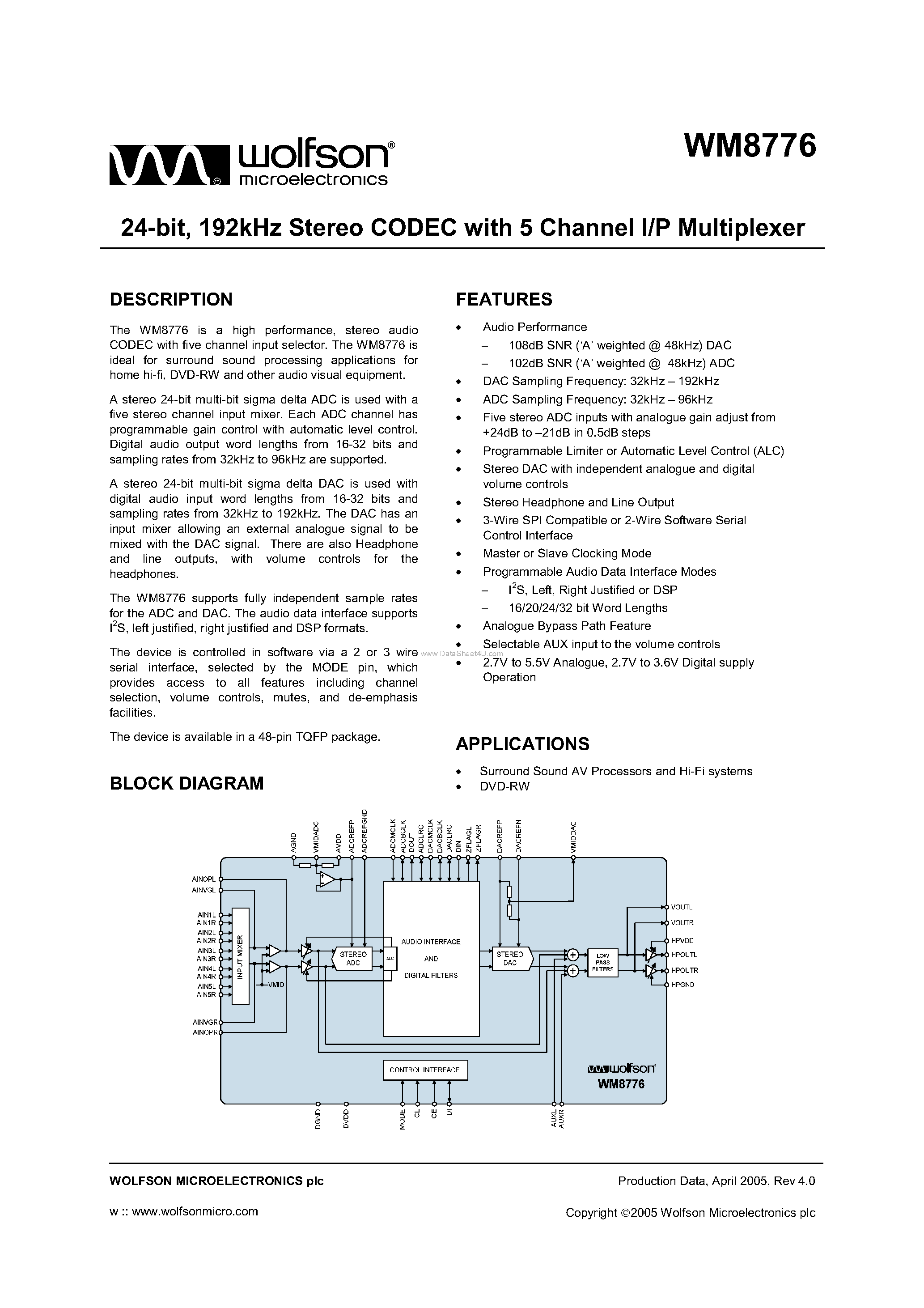 Datasheet WM8776 - 24 BIT 192KHZ STEREO CODEC WITH 5 CHANNEL I/P MULTIPLEXER page 1