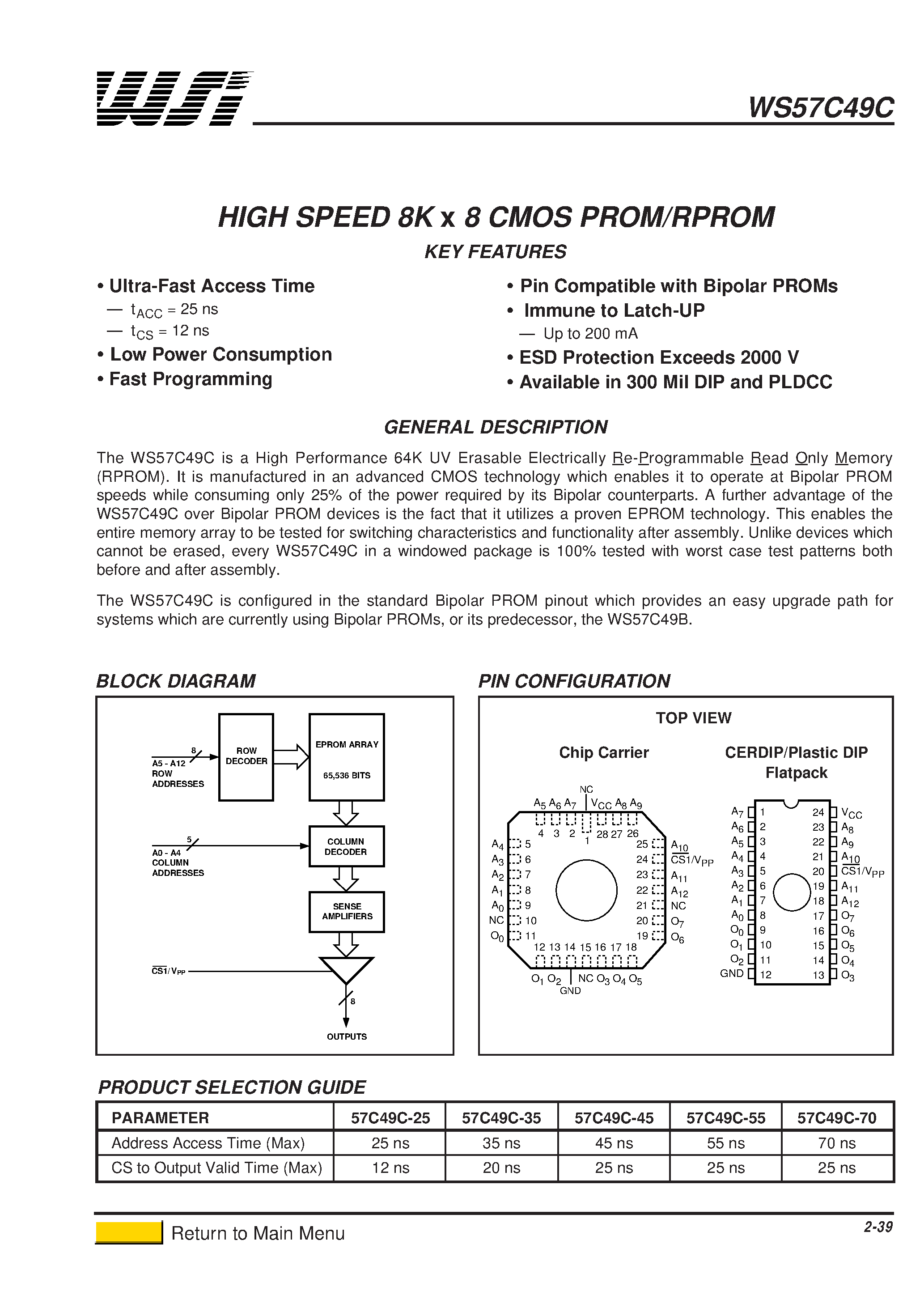 Datasheet WS57C49C-70D - HIGH SPEED 8K x 8 CMOS PROM/RPROM page 1