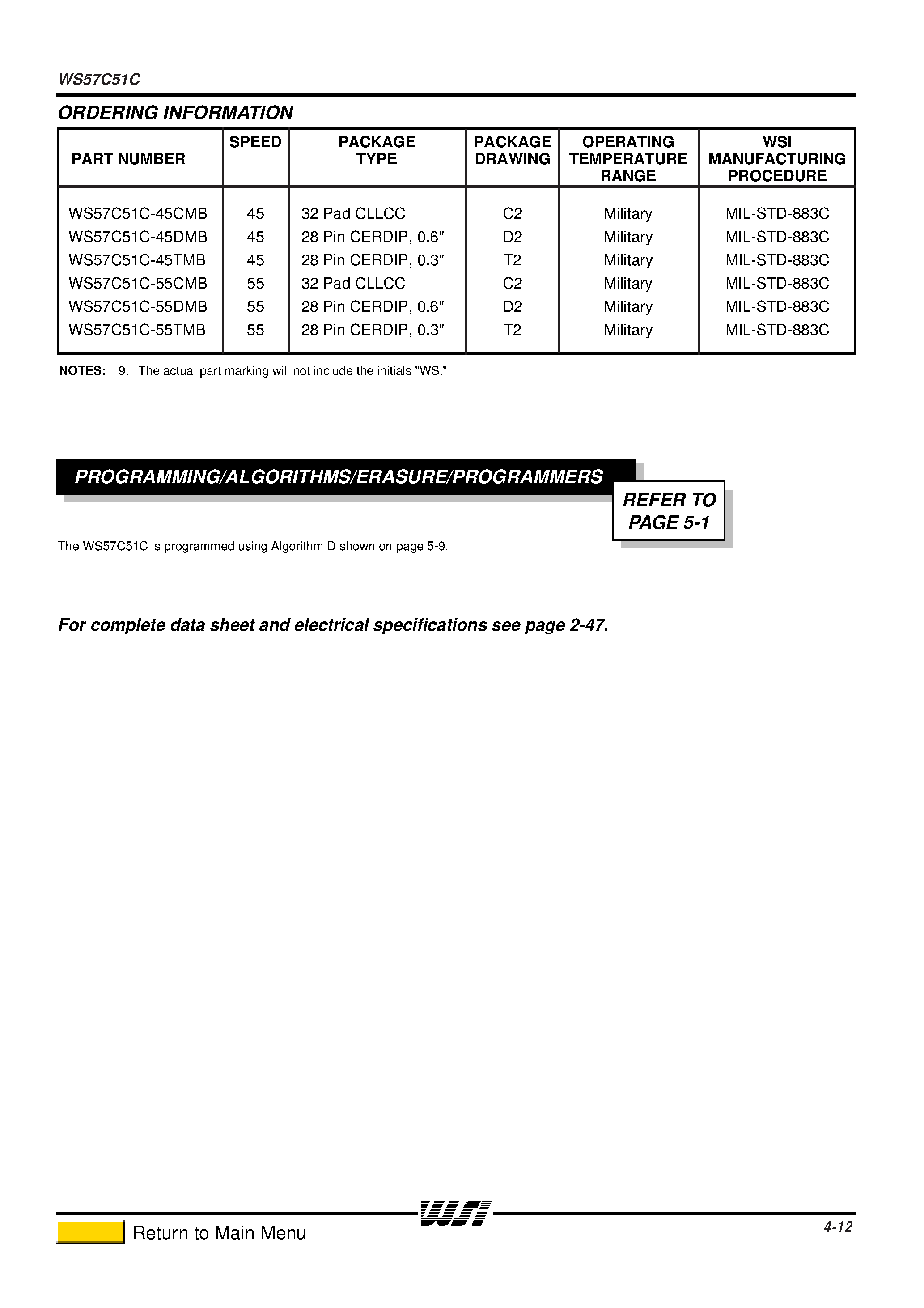 Datasheet WS57C51C-1 - MILITARY HIGH SPEED 16K x 8 CMOS PROM/RPROM page 2