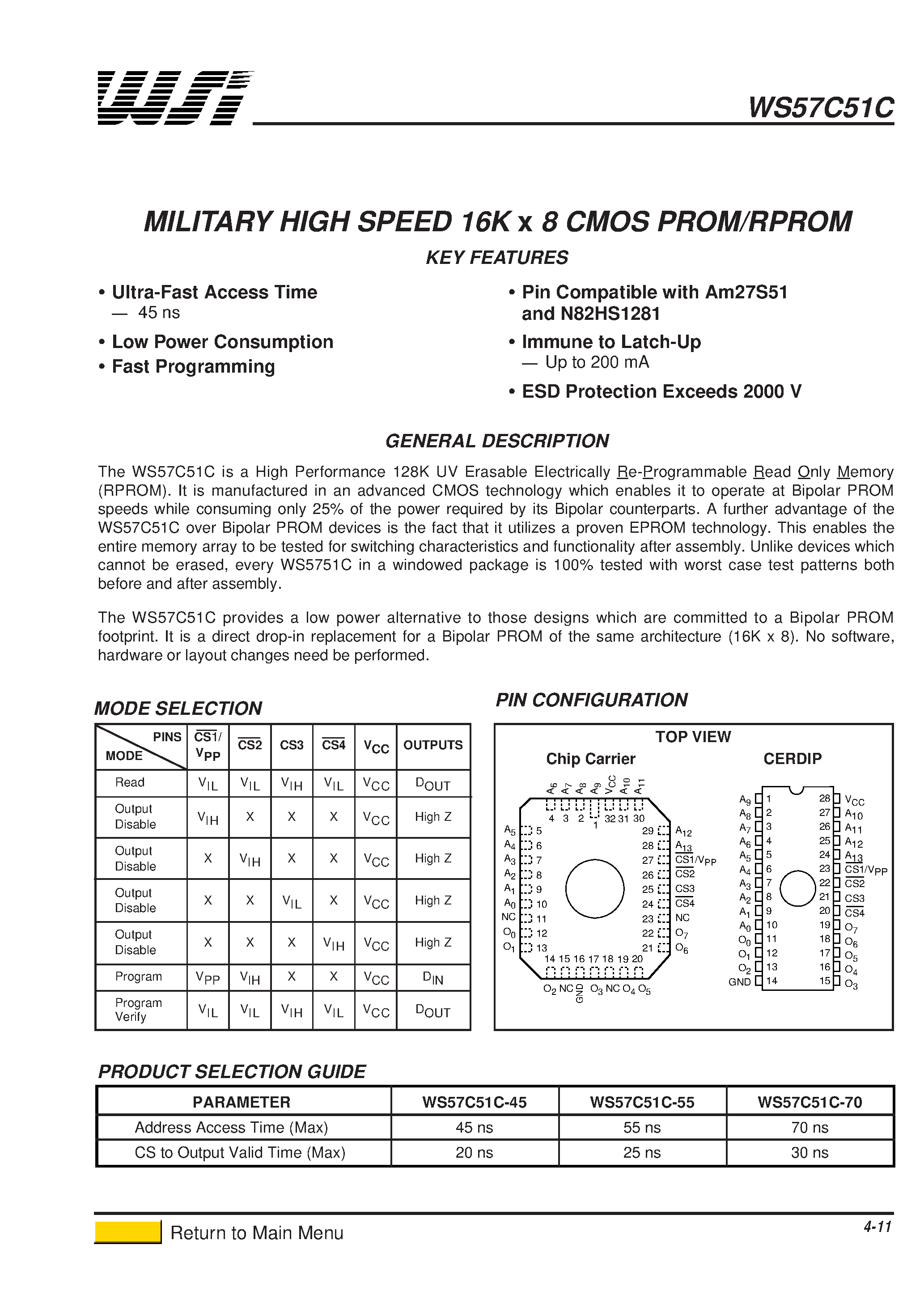 Даташит WS57C51C-55 - MILITARY HIGH SPEED 16K x 8 CMOS PROM/RPROM страница 1