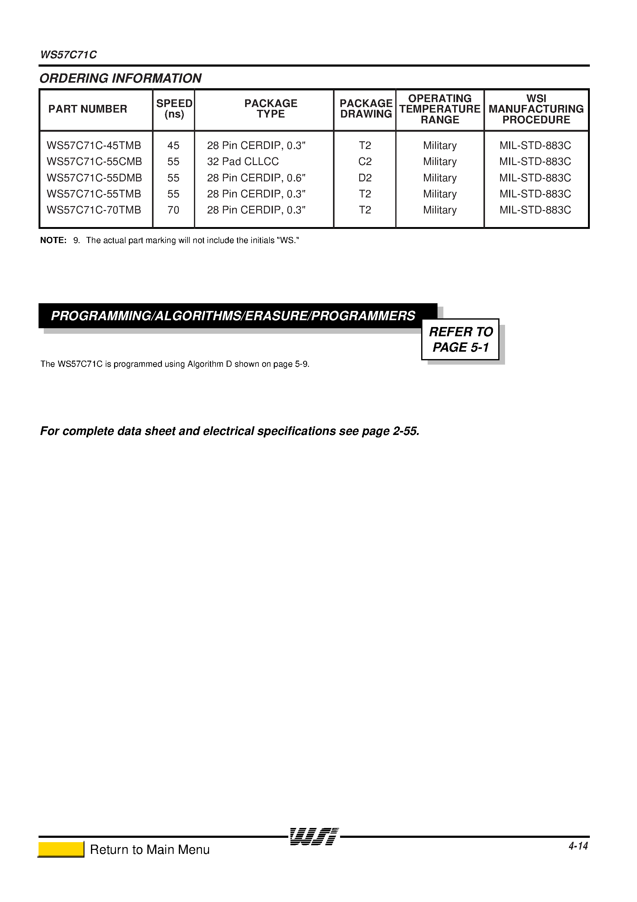 Datasheet WS57C71C-1 - MILITARY HIGH SPEED 32K x 8 CMOS PROM/RPROM page 2