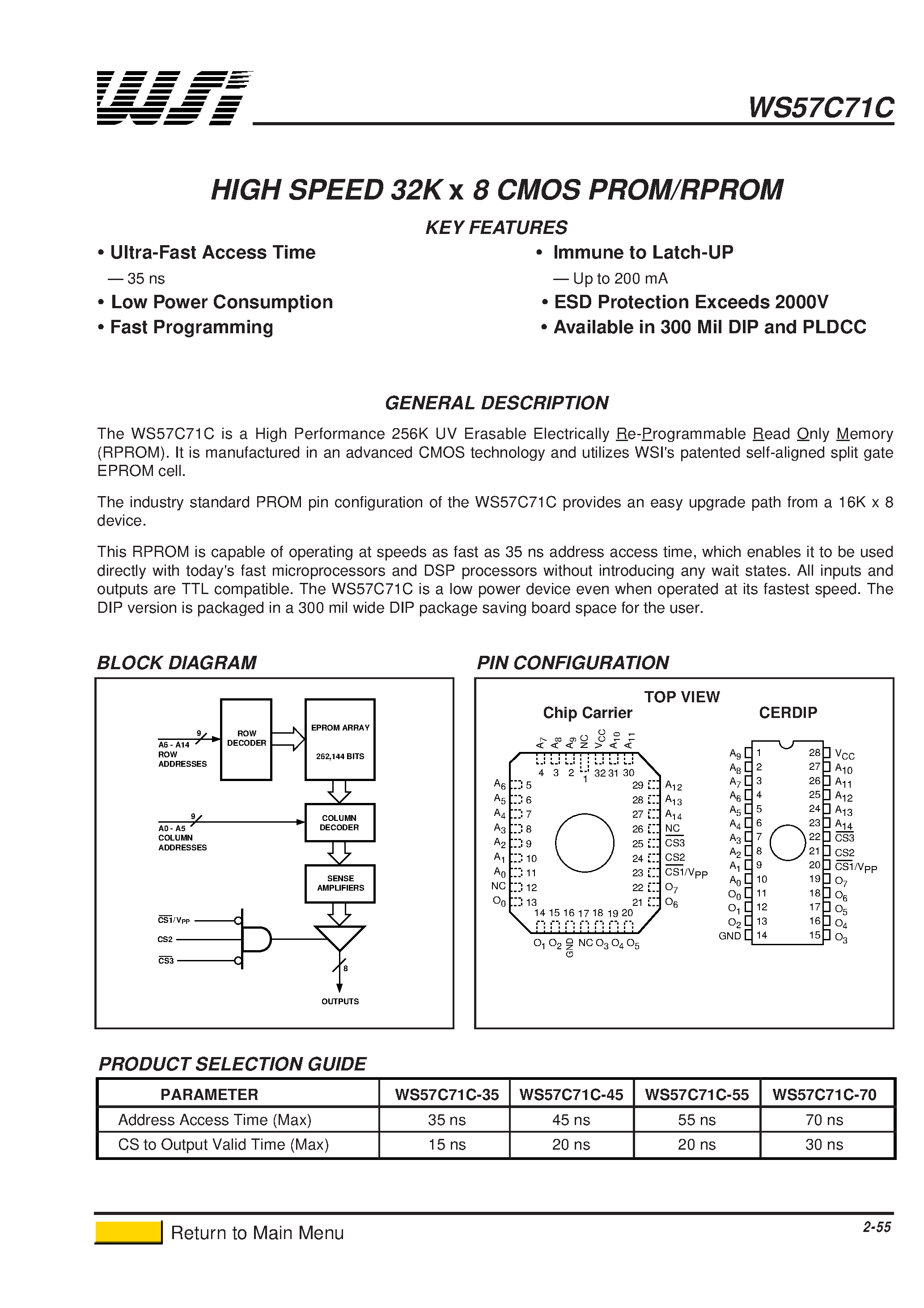 Datasheet WS57C71C-35 - HIGH SPEED 32K x 8 CMOS PROM/RPROM page 1