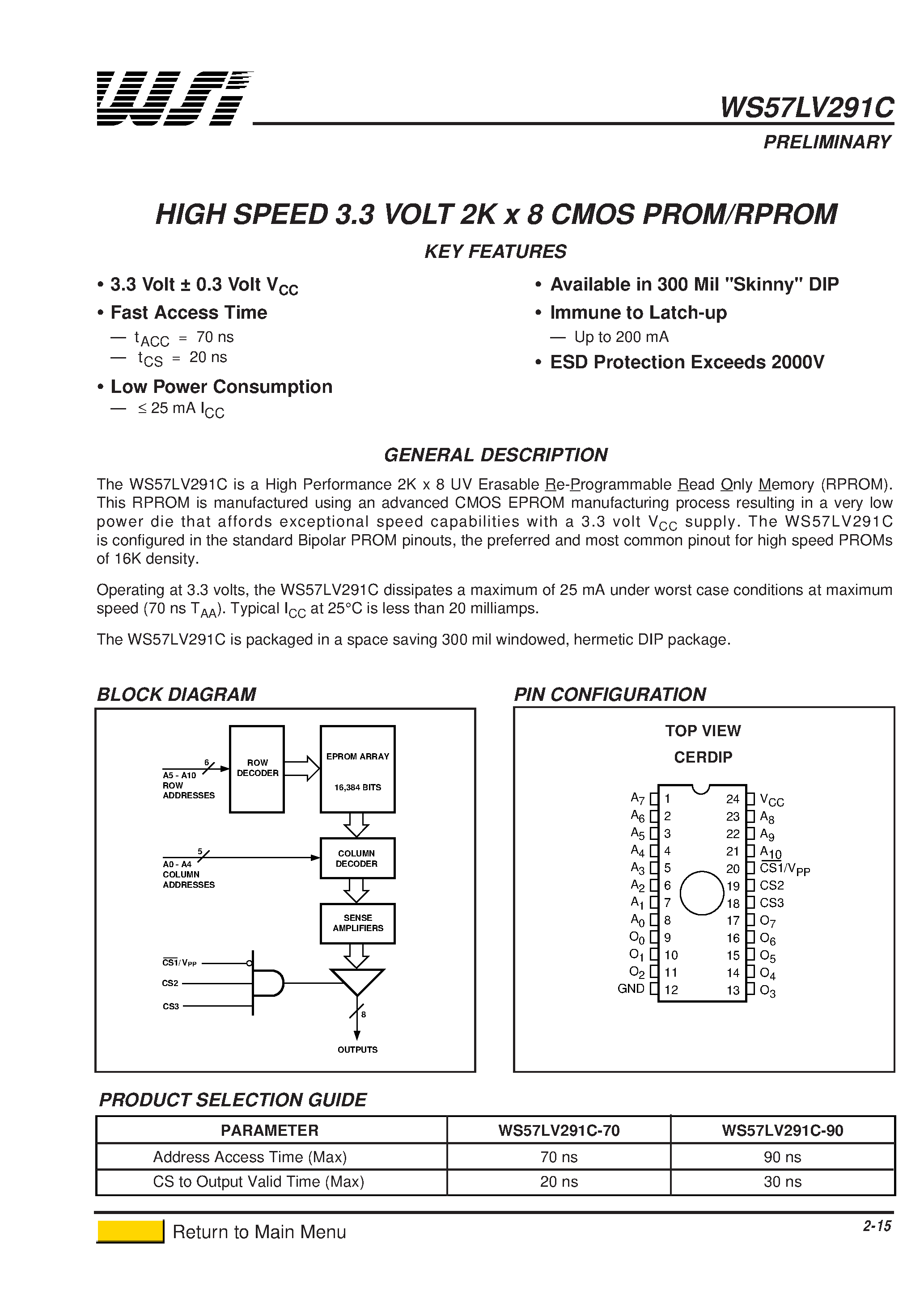 Datasheet WS57LV291C - HIGH SPEED 3.3 VOLT 2K x 8 CMOS PROM/RPROM page 1