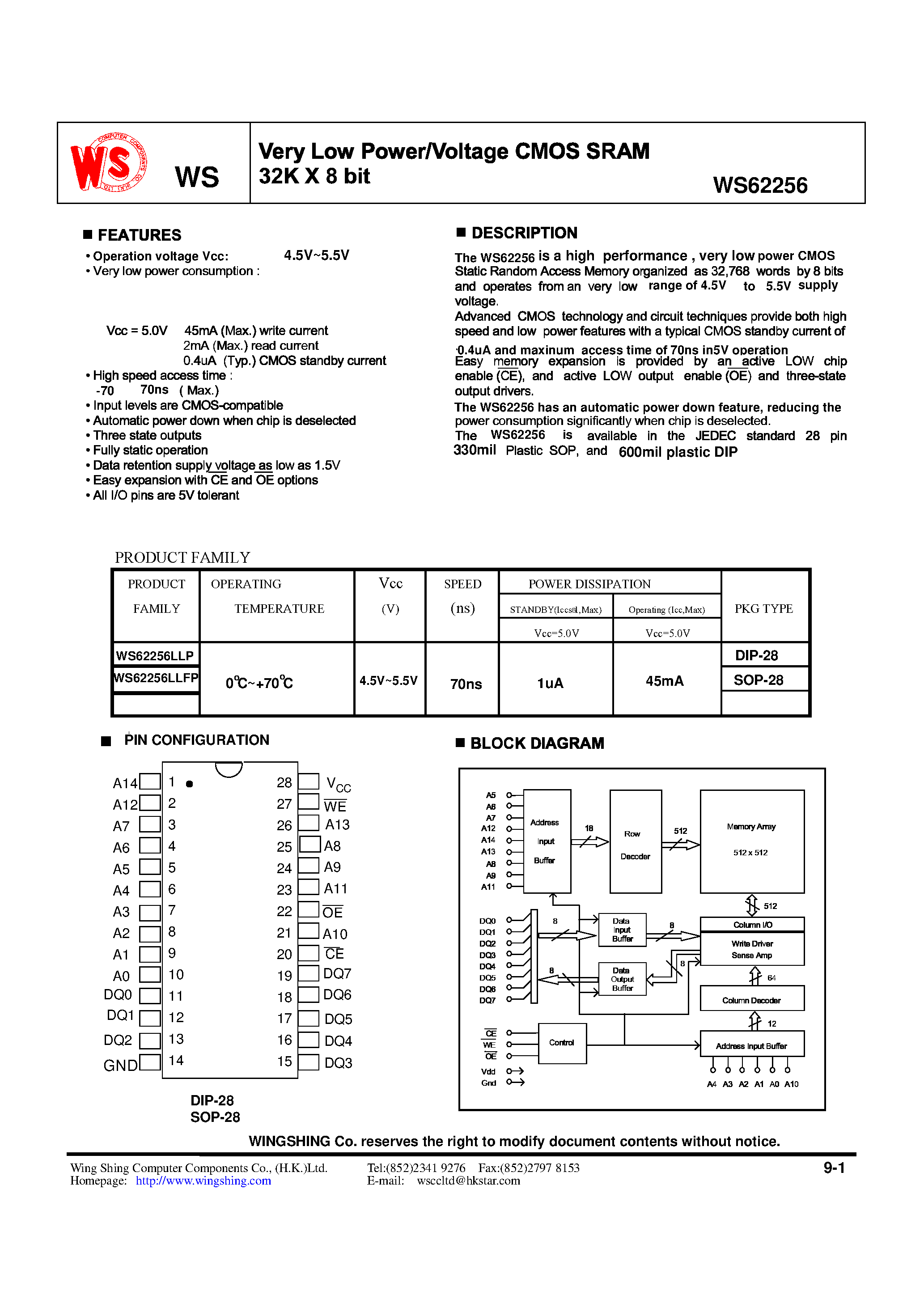 Datasheet WS62256 - Very Low Power / Voltage CMOS SRAM 32K X 8bit page 1