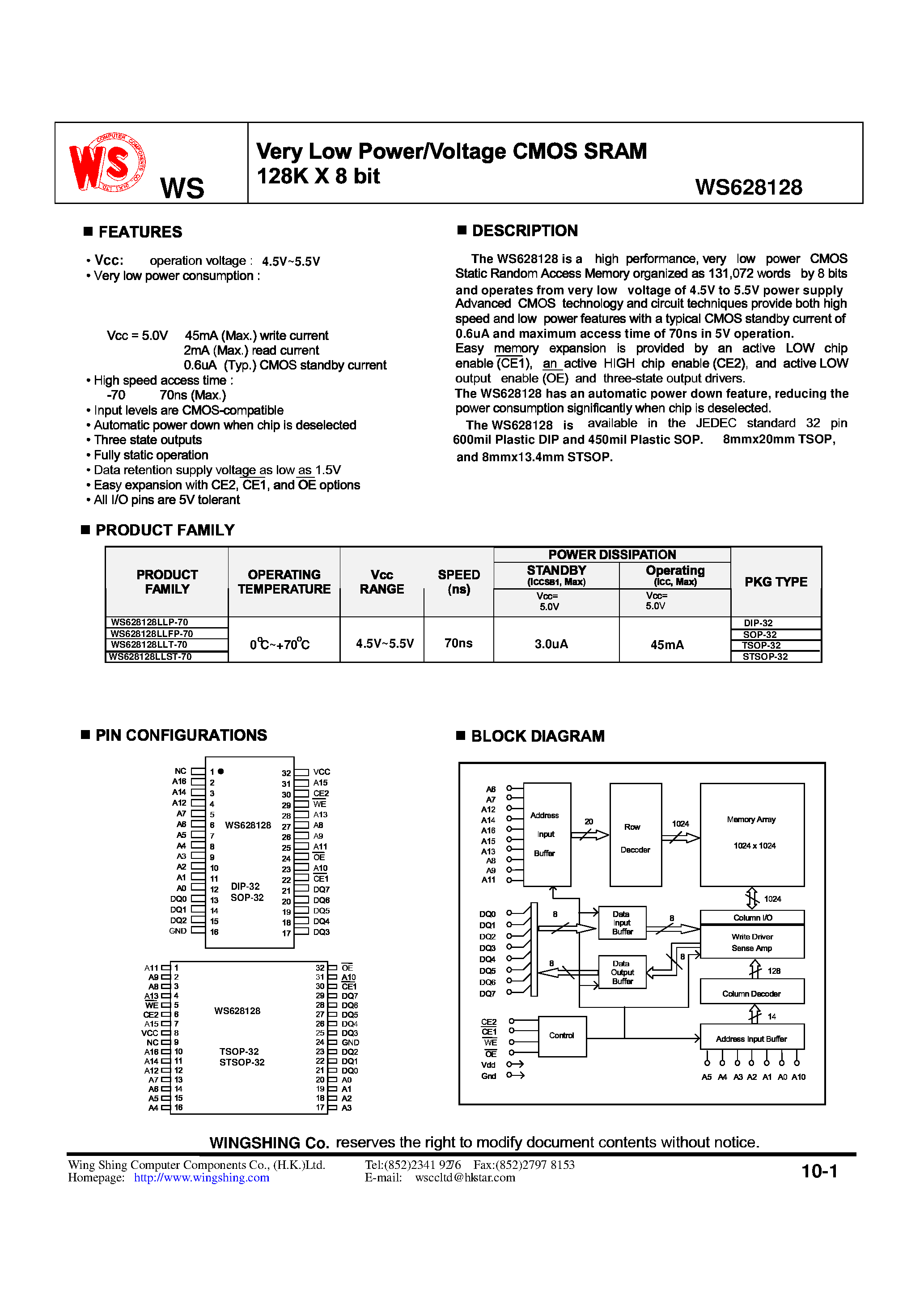 Datasheet WS628128LLP-70 - Very Low Power/Voltage CMOS SRAM 128K X 8 bit page 1