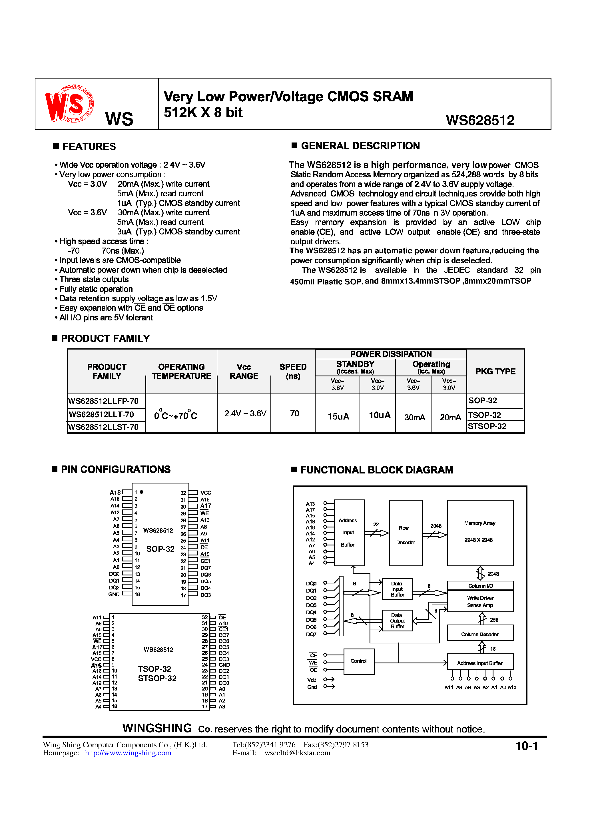 Datasheet WS628512LLST-70 - Very Low Power/Voltage CMOS SRAM 512K X 8 bit page 1