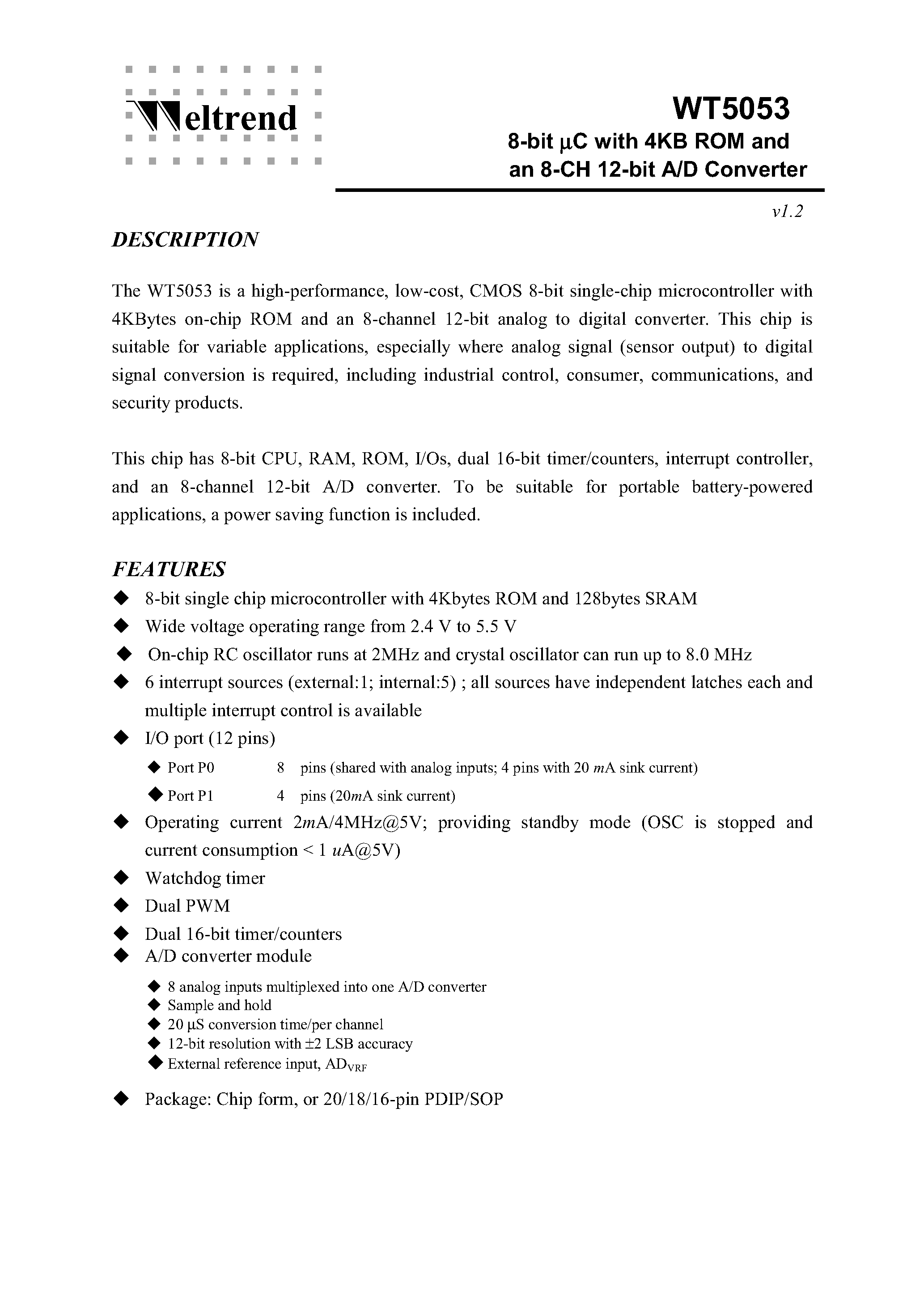 Datasheet WT5053 - 8-bit C with 4KB ROM and an 8CH 12-bit A/D Converter page 1