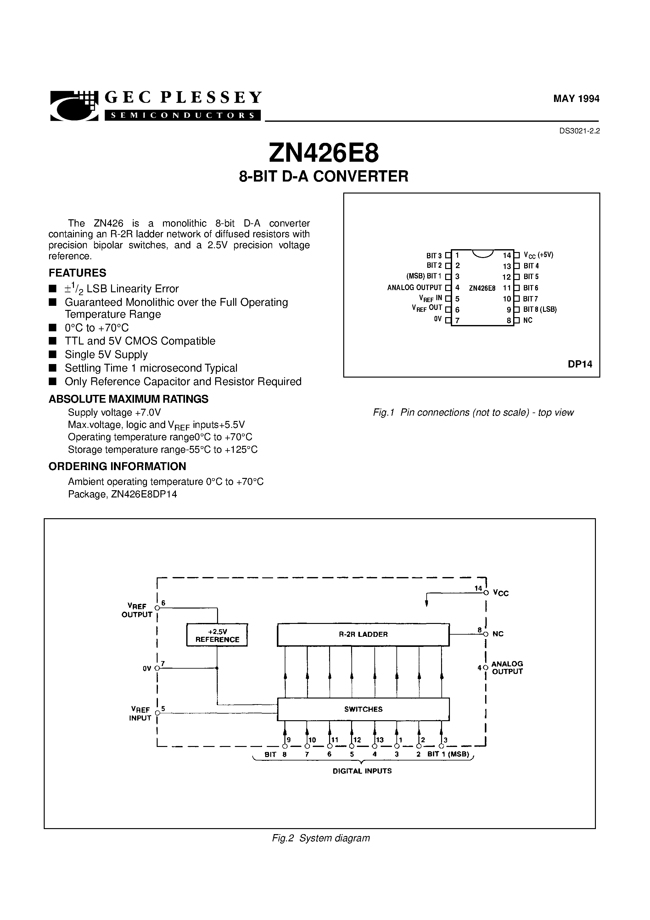 Datasheet ZN426E8DP14 - 8-BIT D-A CONVERTER page 2