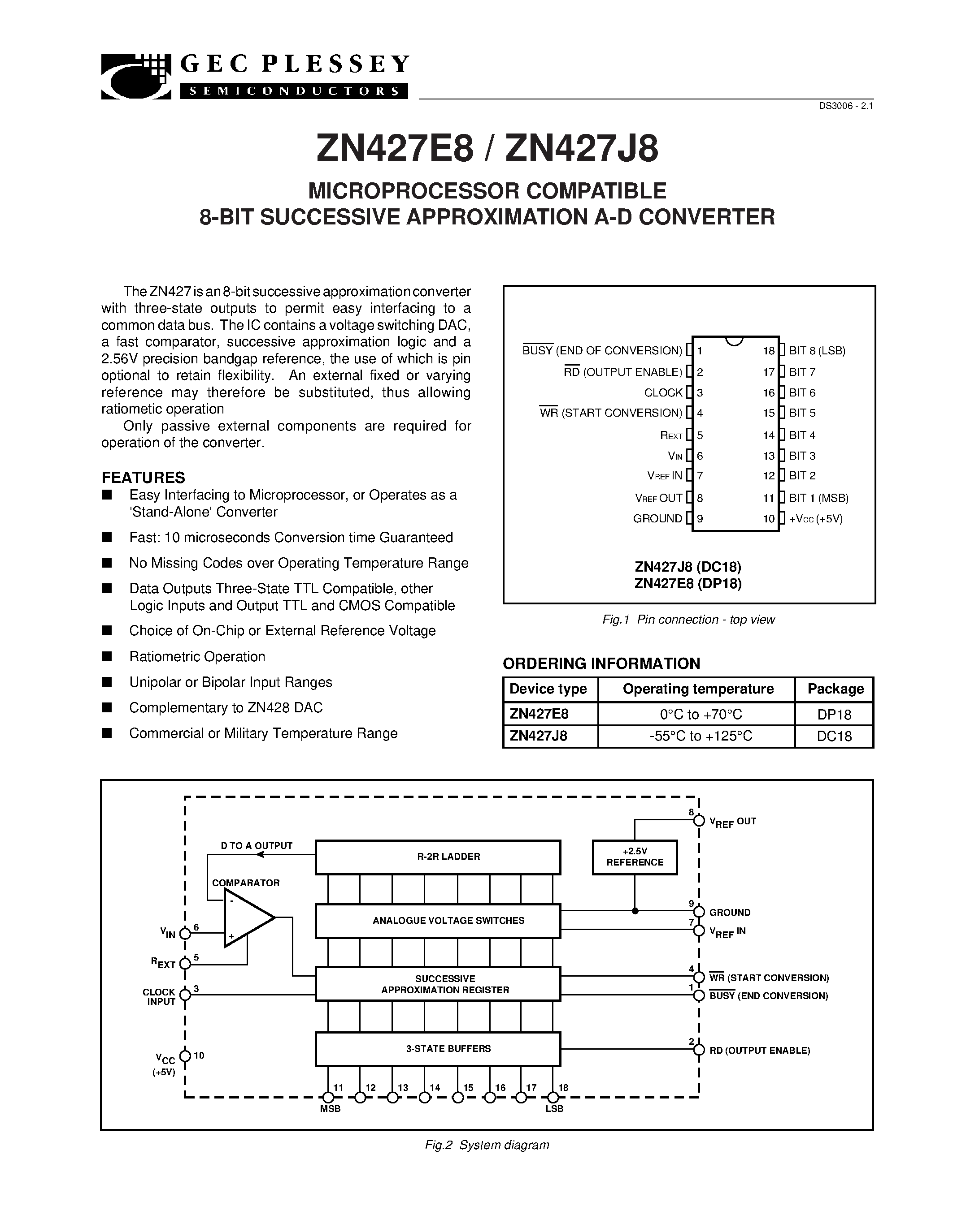 Datasheet ZN427J8 - MICROPROCESSOR COMPATIBLE 8-BIT SUCCESSIVE APPROXIMATION A-D CONVERTER page 2