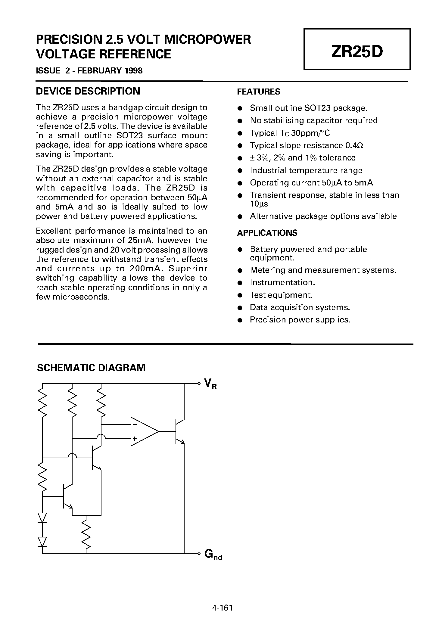 Datasheet ZR25D - PRECISION 2.5 VOLT MICROPOWER VOLTAGE REFERENCE page 1