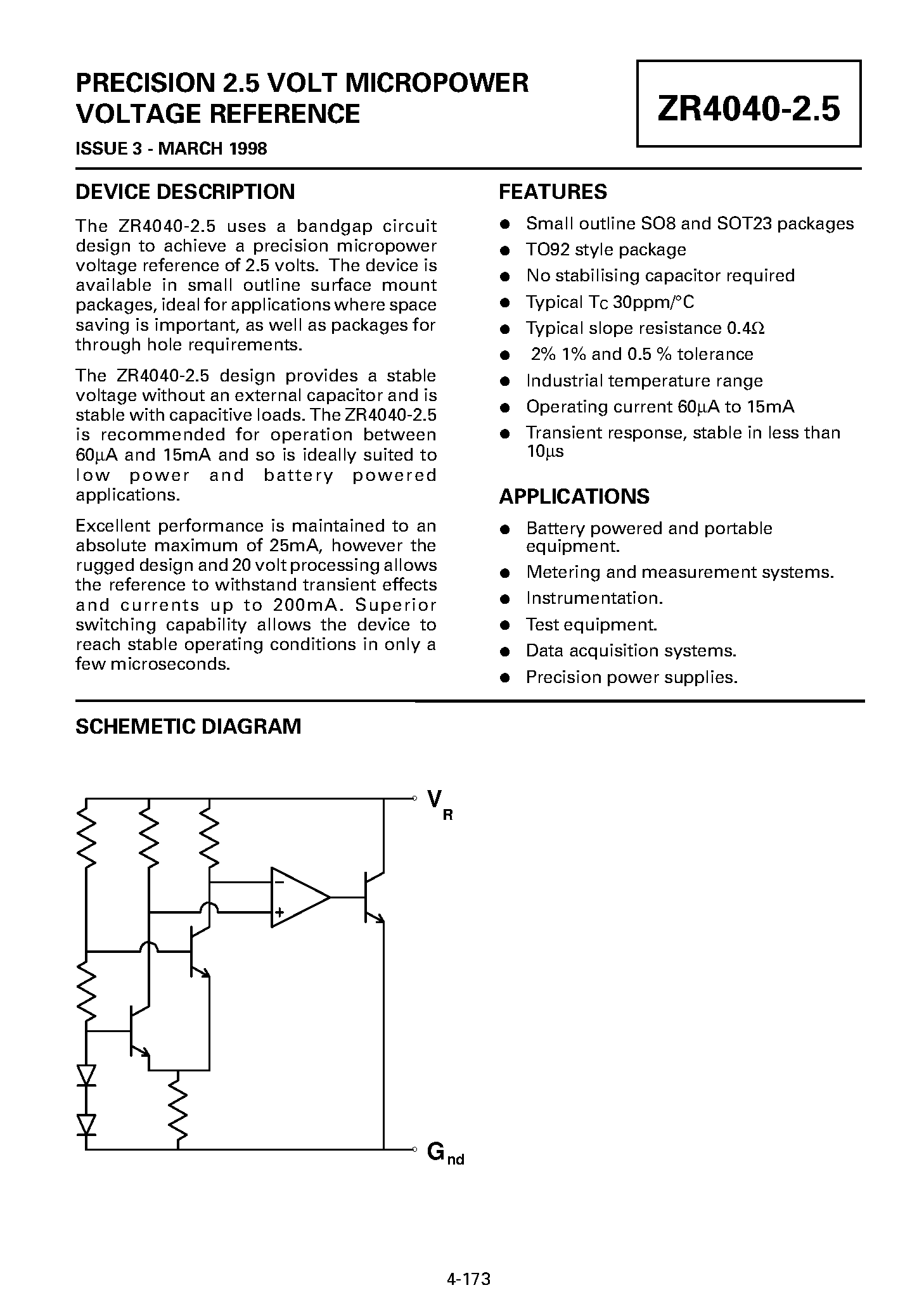Datasheet ZR404005F25 - PRECISION 2.5 VOLT MICROPOWER VOLTAGE REFERENCE page 1