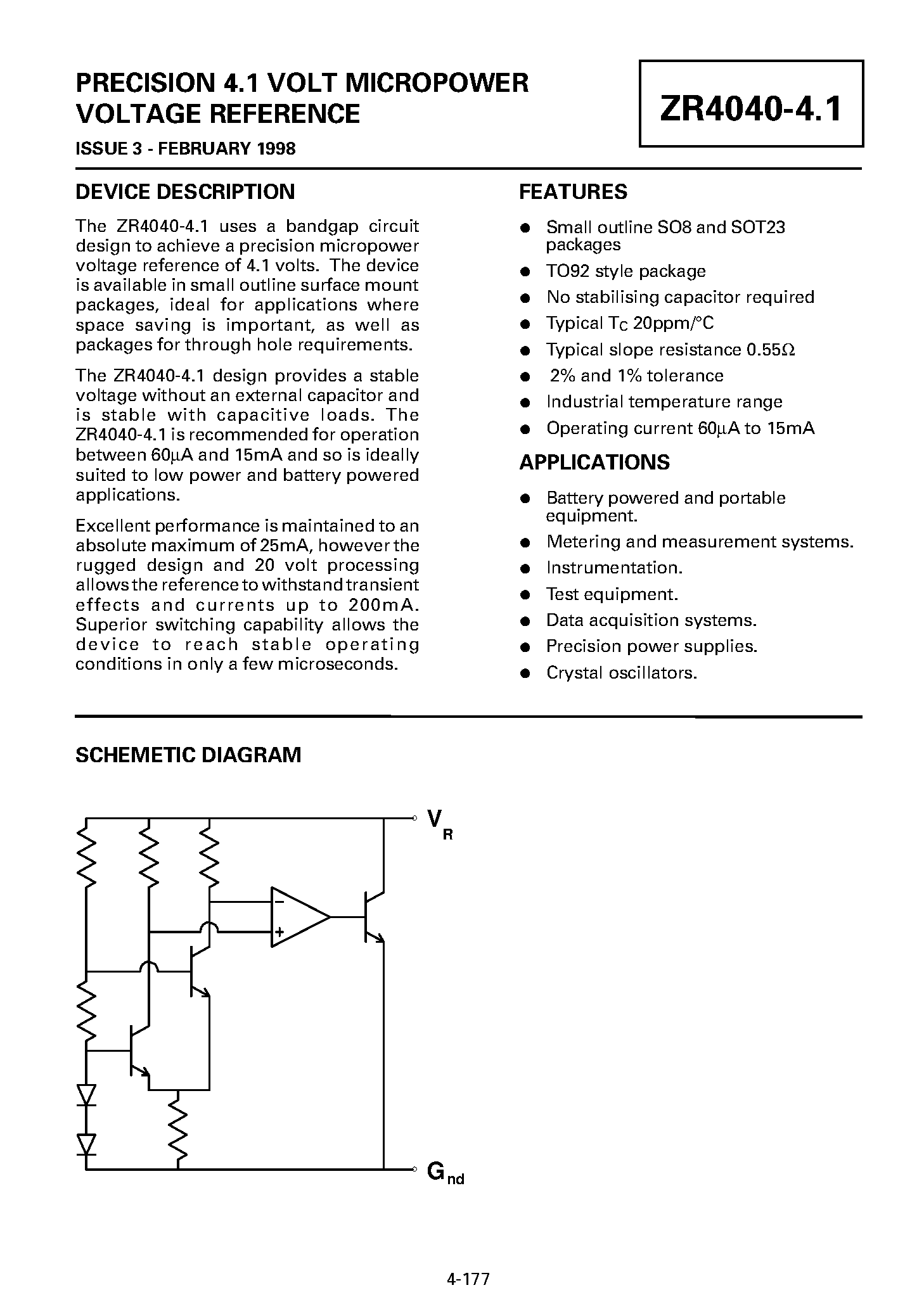 Datasheet ZR40402R41 - PRECISION 4.1 VOLT MICROPOWER VOLTAGE REFERENCE page 1